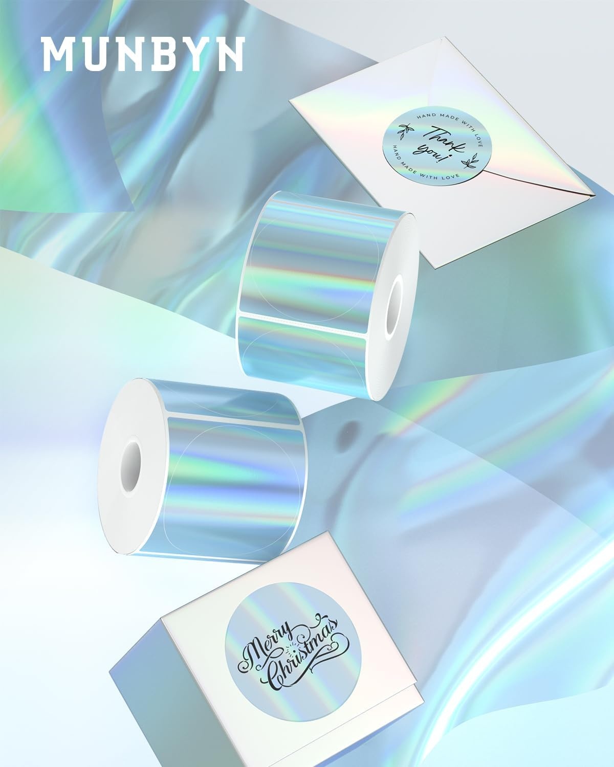 image:imageMUNBYN 2 Circle Holographic Thermal Label Stickers Blue Round Printable Rainbow Glitter Thermal Printer Sticker Labels for Gift Wrapping SelfAdhesive Name Price Tag DIY Custom Logo DesignHolographic Blue