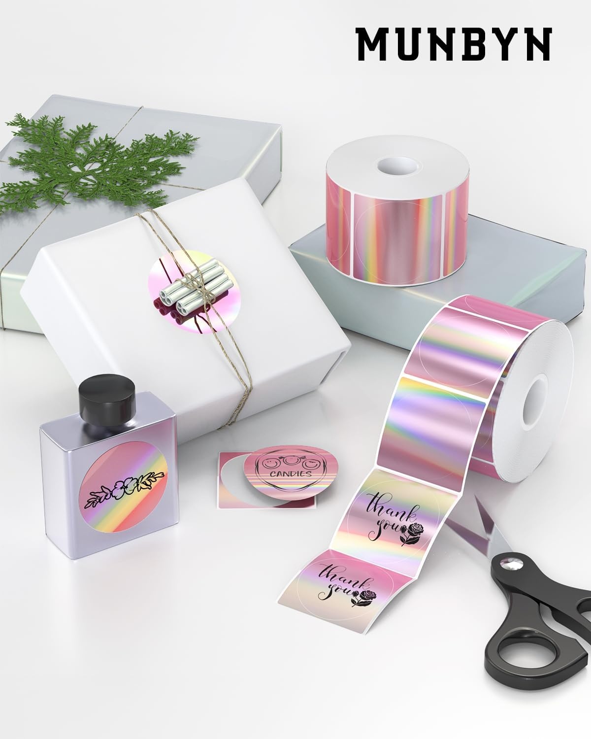 image:imageMUNBYN 2 Circle Holographic Thermal Label Stickers Blue Round Printable Rainbow Glitter Thermal Printer Sticker Labels for Gift Wrapping SelfAdhesive Name Price Tag DIY Custom Logo DesignHolographic Pink