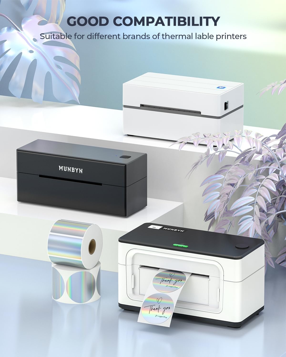 image:imageMUNBYN 2 Circle Holographic Thermal Label Stickers Blue Round Printable Rainbow Glitter Thermal Printer Sticker Labels for Gift Wrapping SelfAdhesive Name Price Tag DIY Custom Logo DesignHolographic Silver
