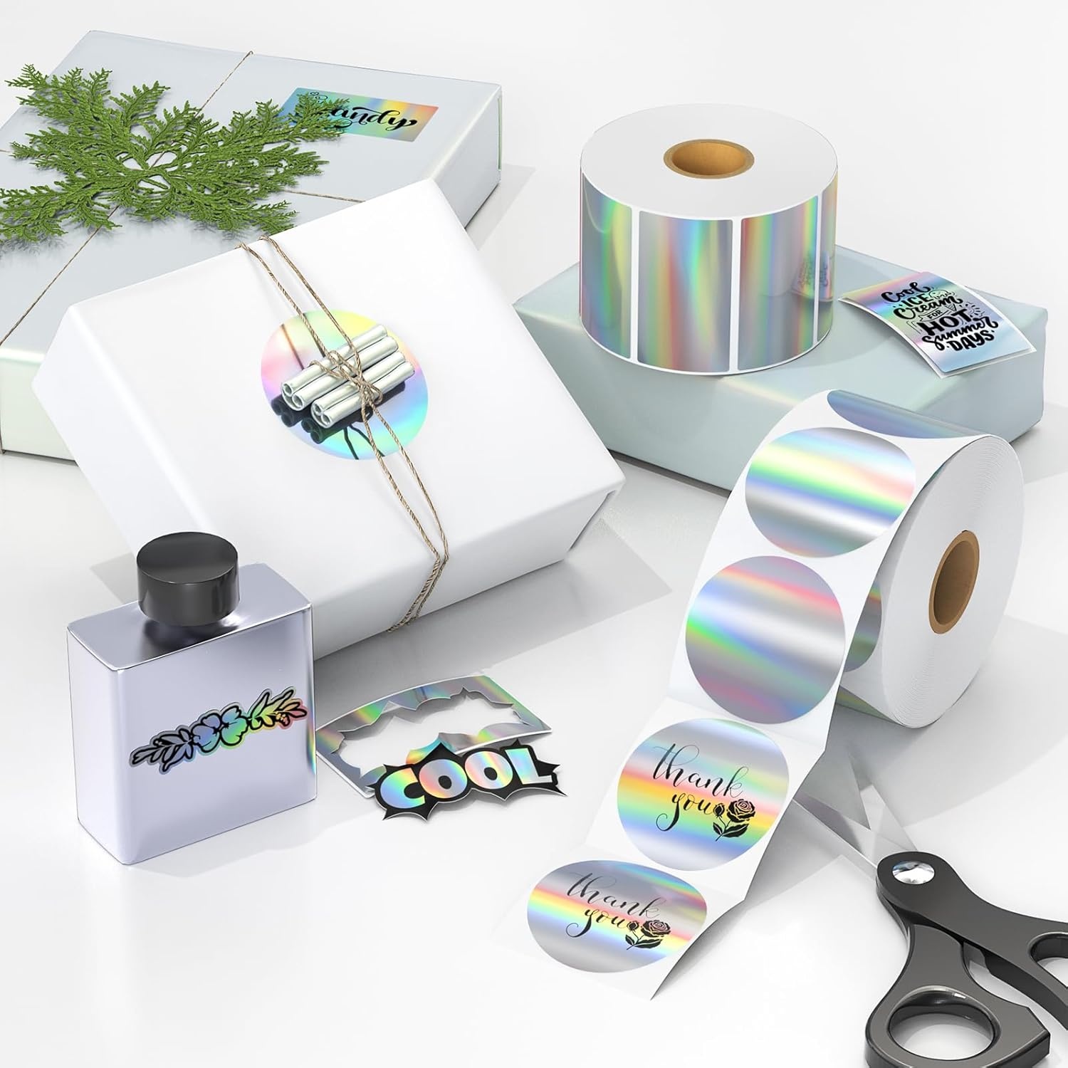 image:imageMUNBYN 2 Circle Holographic Thermal Label Stickers Blue Round Printable Rainbow Glitter Thermal Printer Sticker Labels for Gift Wrapping SelfAdhesive Name Price Tag DIY Custom Logo DesignHolographic Silver