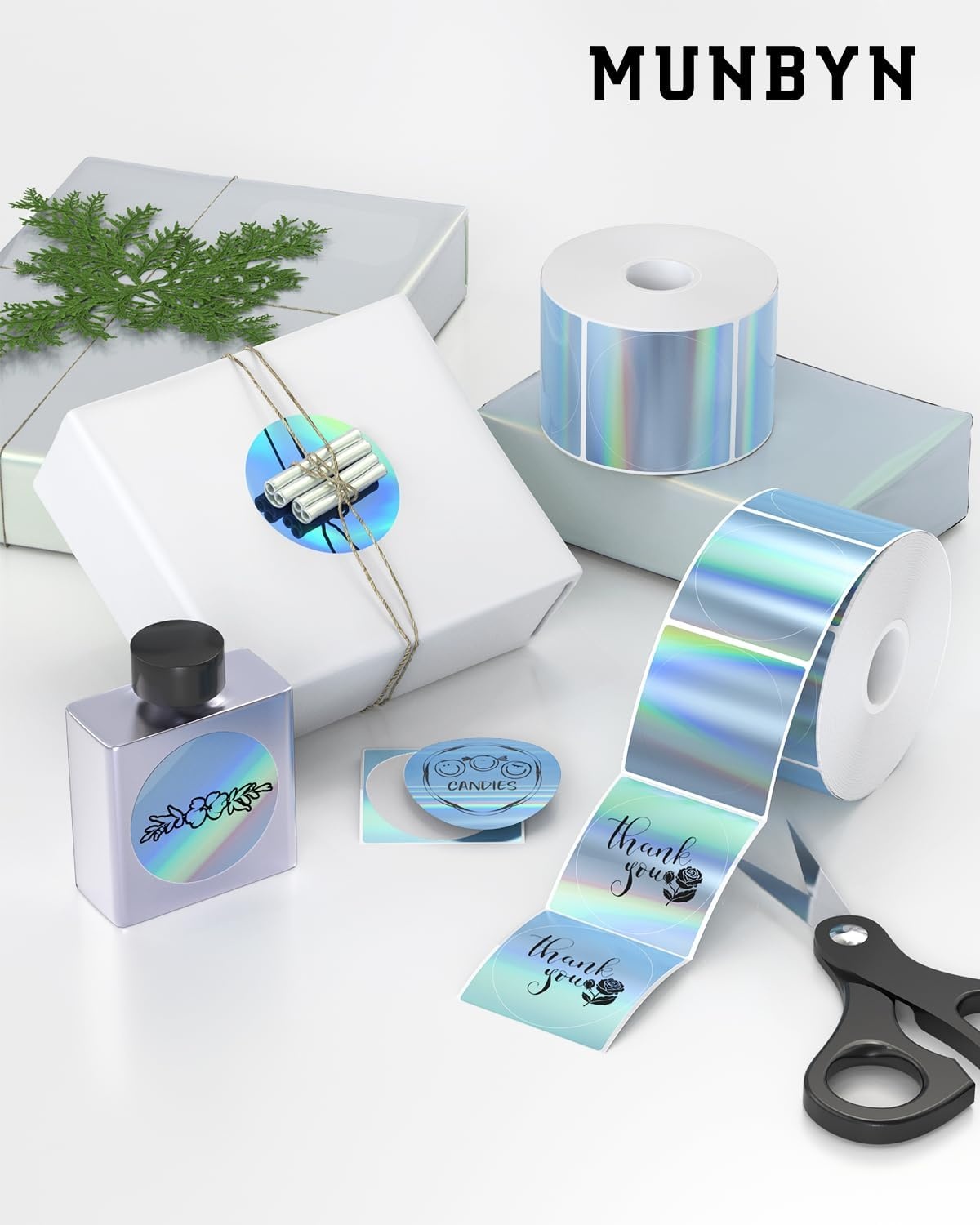 image:imageMUNBYN 2 Circle Holographic Thermal Label Stickers Blue Round Printable Rainbow Glitter Thermal Printer Sticker Labels for Gift Wrapping SelfAdhesive Name Price Tag DIY Custom Logo DesignHolographic Blue