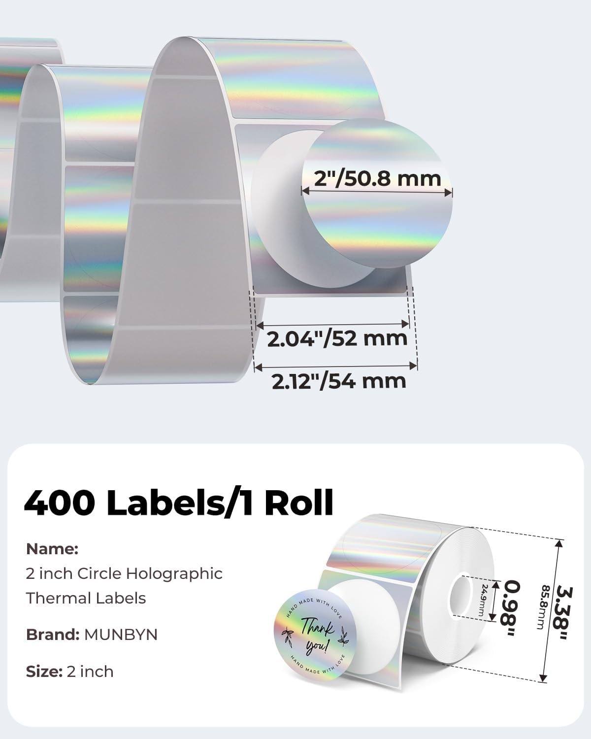 image:imageMUNBYN 2 Circle Holographic Thermal Label Stickers Blue Round Printable Rainbow Glitter Thermal Printer Sticker Labels for Gift Wrapping SelfAdhesive Name Price Tag DIY Custom Logo DesignHolographic Silver