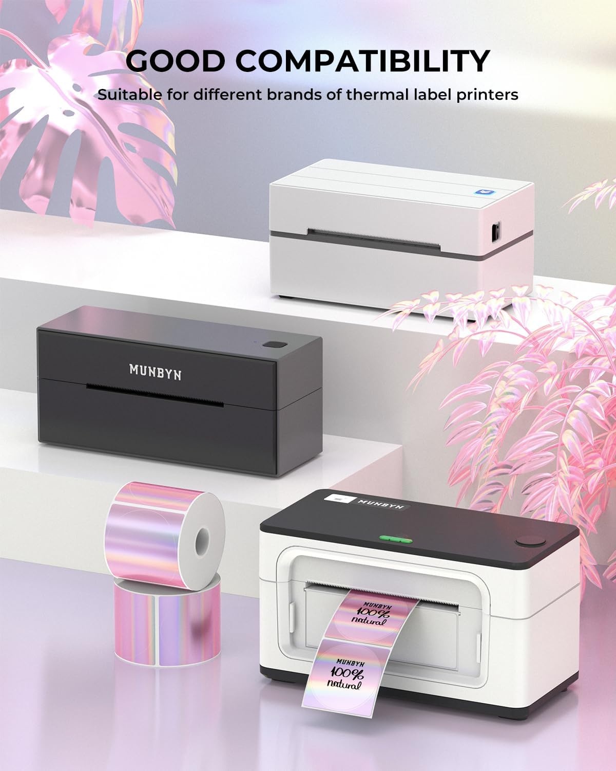 image:imageMUNBYN 2 Circle Holographic Thermal Label Stickers Blue Round Printable Rainbow Glitter Thermal Printer Sticker Labels for Gift Wrapping SelfAdhesive Name Price Tag DIY Custom Logo DesignHolographic Pink