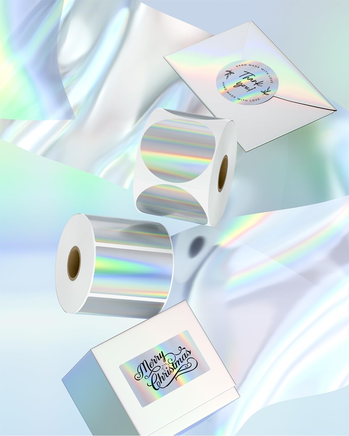 image:imageMUNBYN 2 Circle Holographic Thermal Label Stickers Blue Round Printable Rainbow Glitter Thermal Printer Sticker Labels for Gift Wrapping SelfAdhesive Name Price Tag DIY Custom Logo DesignHolographic Silver