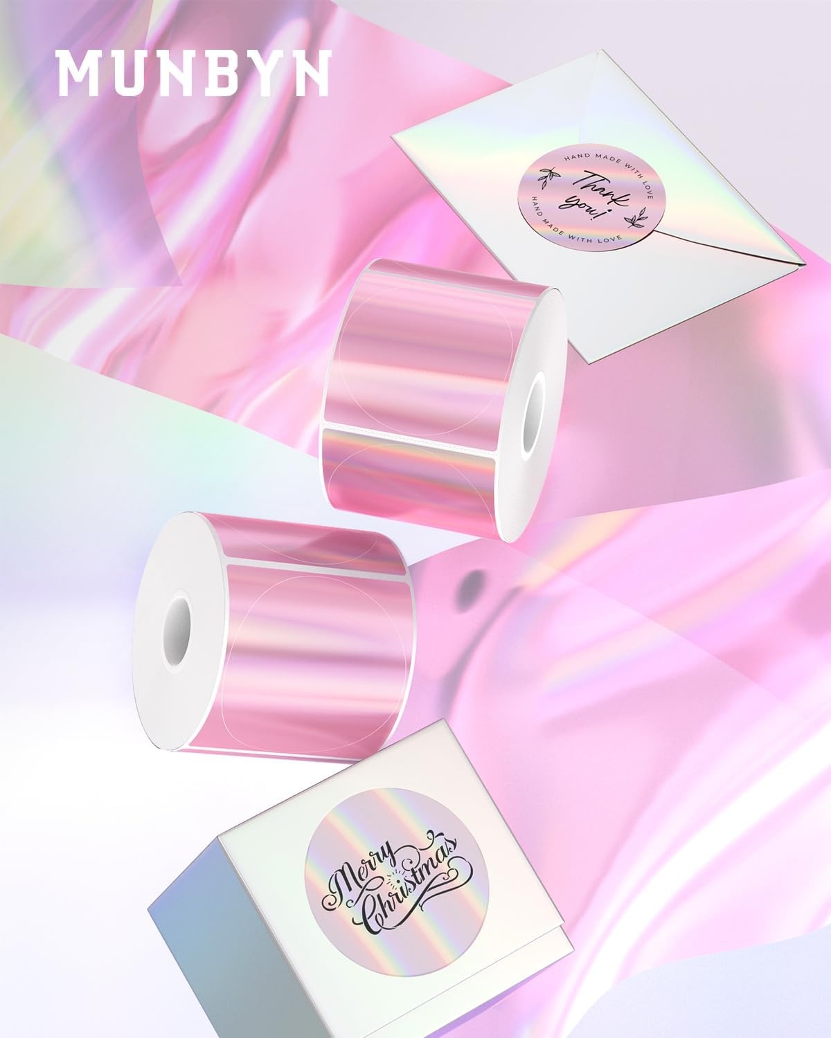 image:imageMUNBYN 2 Circle Holographic Thermal Label Stickers Blue Round Printable Rainbow Glitter Thermal Printer Sticker Labels for Gift Wrapping SelfAdhesive Name Price Tag DIY Custom Logo DesignHolographic Pink