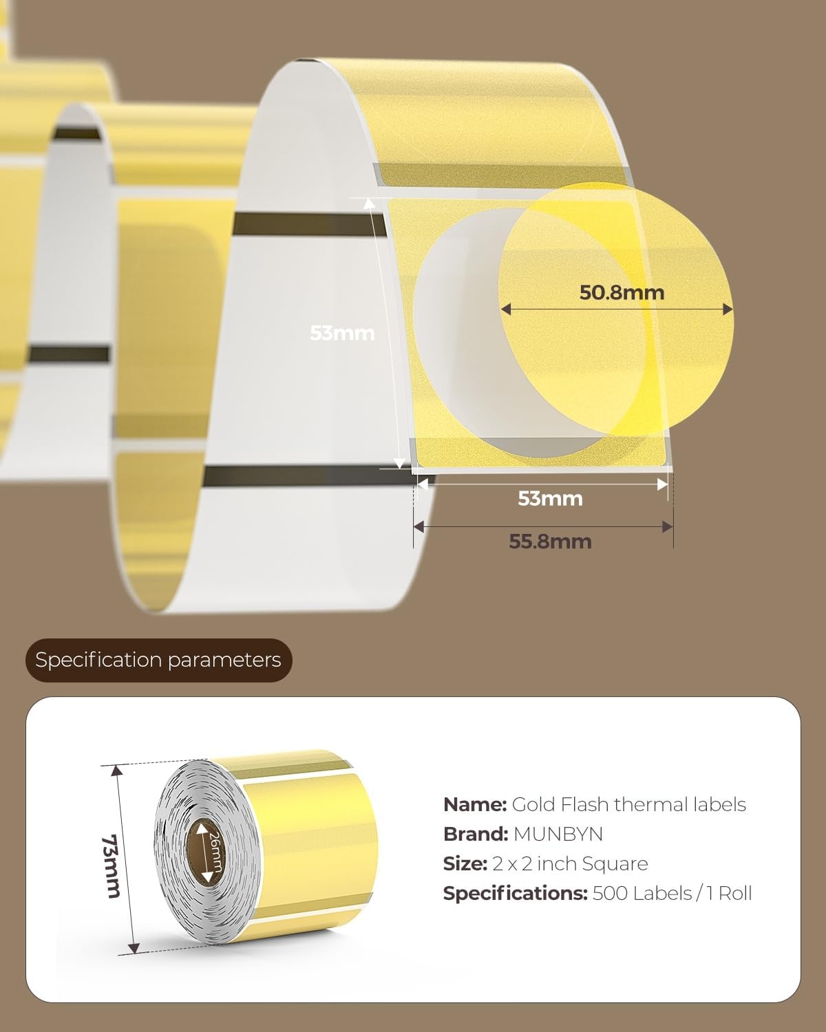 image:imageMUNBYN 2 Inch 508X 508mm Gold Transparent Thermal Labels Round Fine Glitter Printable Thermal Stickers for Small Businesses 500 Labels1 RollGold