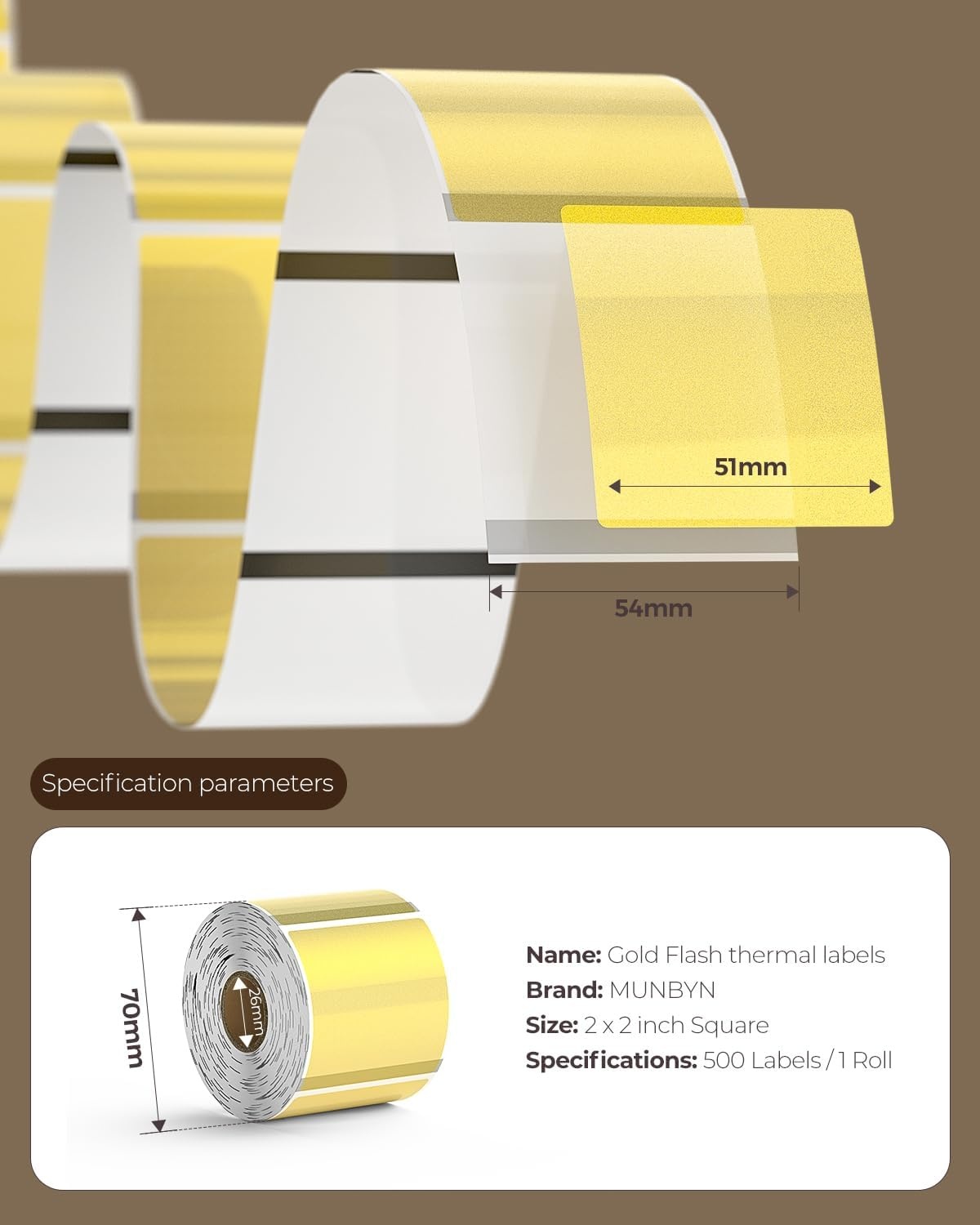 image:imageMUNBYN 2 Inch 508X 508mm Gold Transparent Thermal Labels Round Fine Glitter Printable Thermal Stickers for Small Businesses 500 Labels1 RollGold