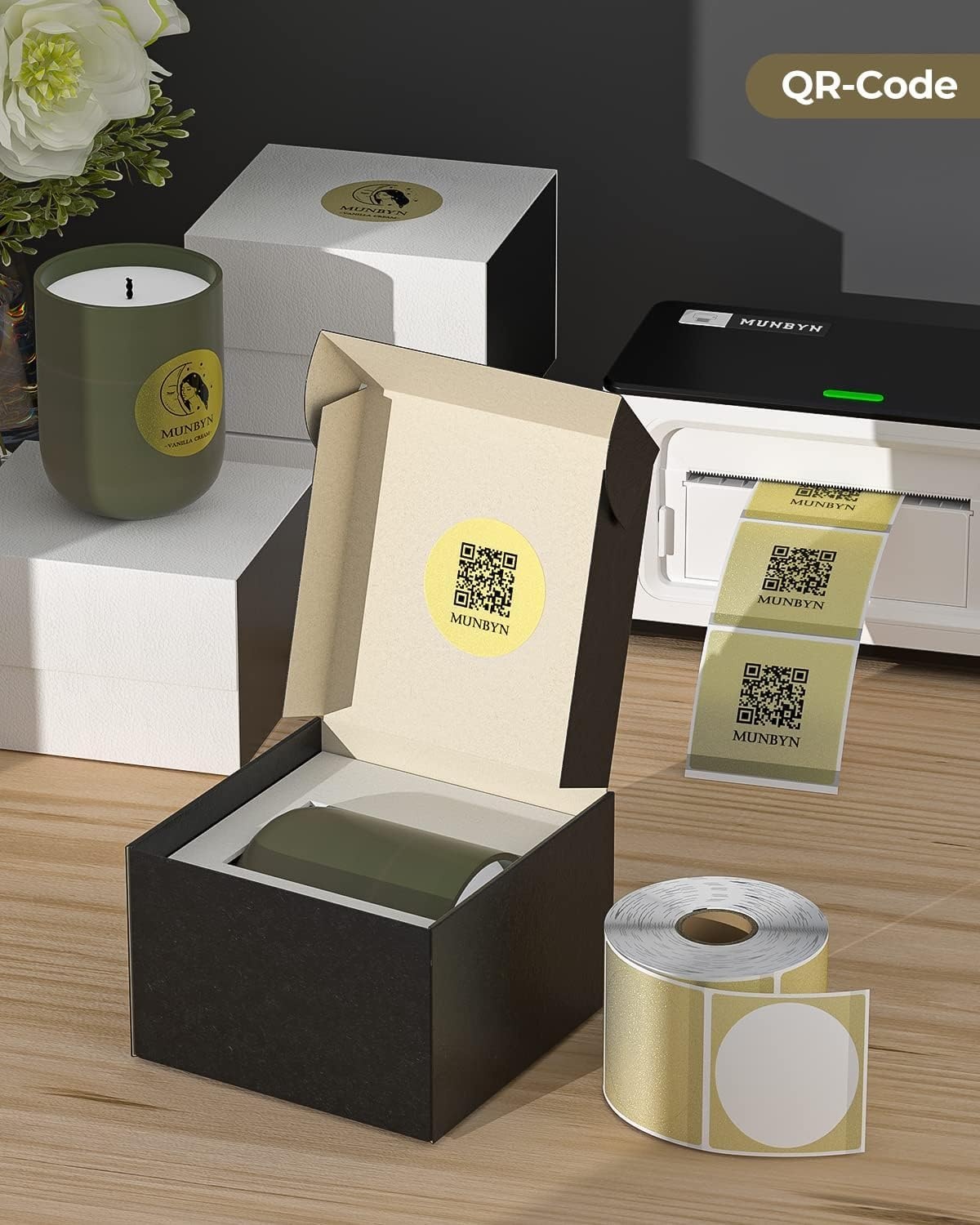 image:imageMUNBYN 2 Inch 508X 508mm Gold Transparent Thermal Labels Round Fine Glitter Printable Thermal Stickers for Small Businesses 500 Labels1 RollGold