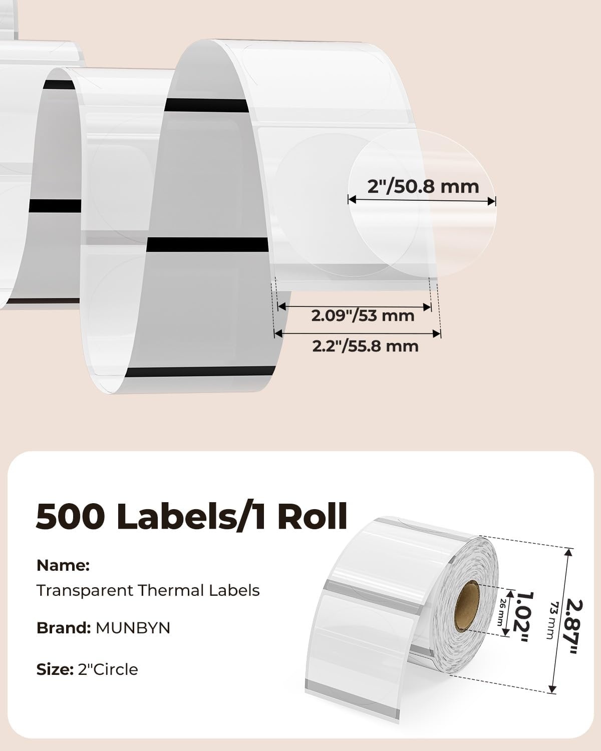 image:imageMUNBYN 2 Inch 508X 508mm Gold Transparent Thermal Labels Round Fine Glitter Printable Thermal Stickers for Small Businesses 500 Labels1 RollTransparent