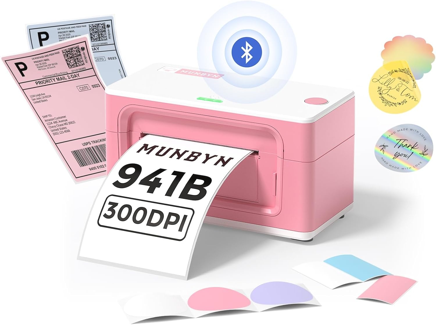 image:imageMUNBYN 2 Inch Color Circle Thermal Sticker Label Pink Label Holder for Rolls and FanFold Labels Bluetooth Thermal Label Printer 941B