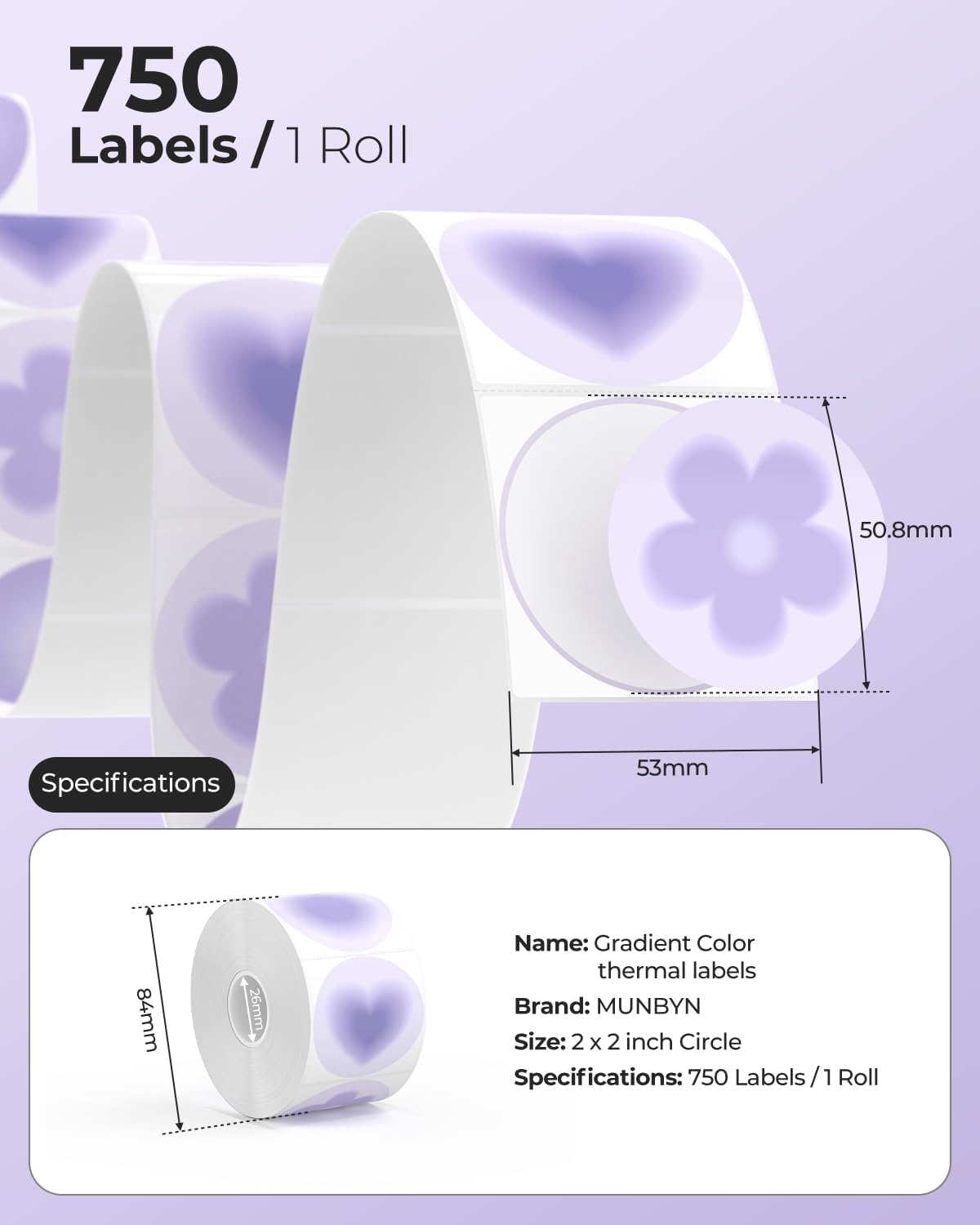 image:imageMUNBYN 2 Inch Purple Circle Thermal Labels Round Stickers 6 Shapes in One Roll Thermal Label Stickers for Jar Baking 750 Sheets1 Roll