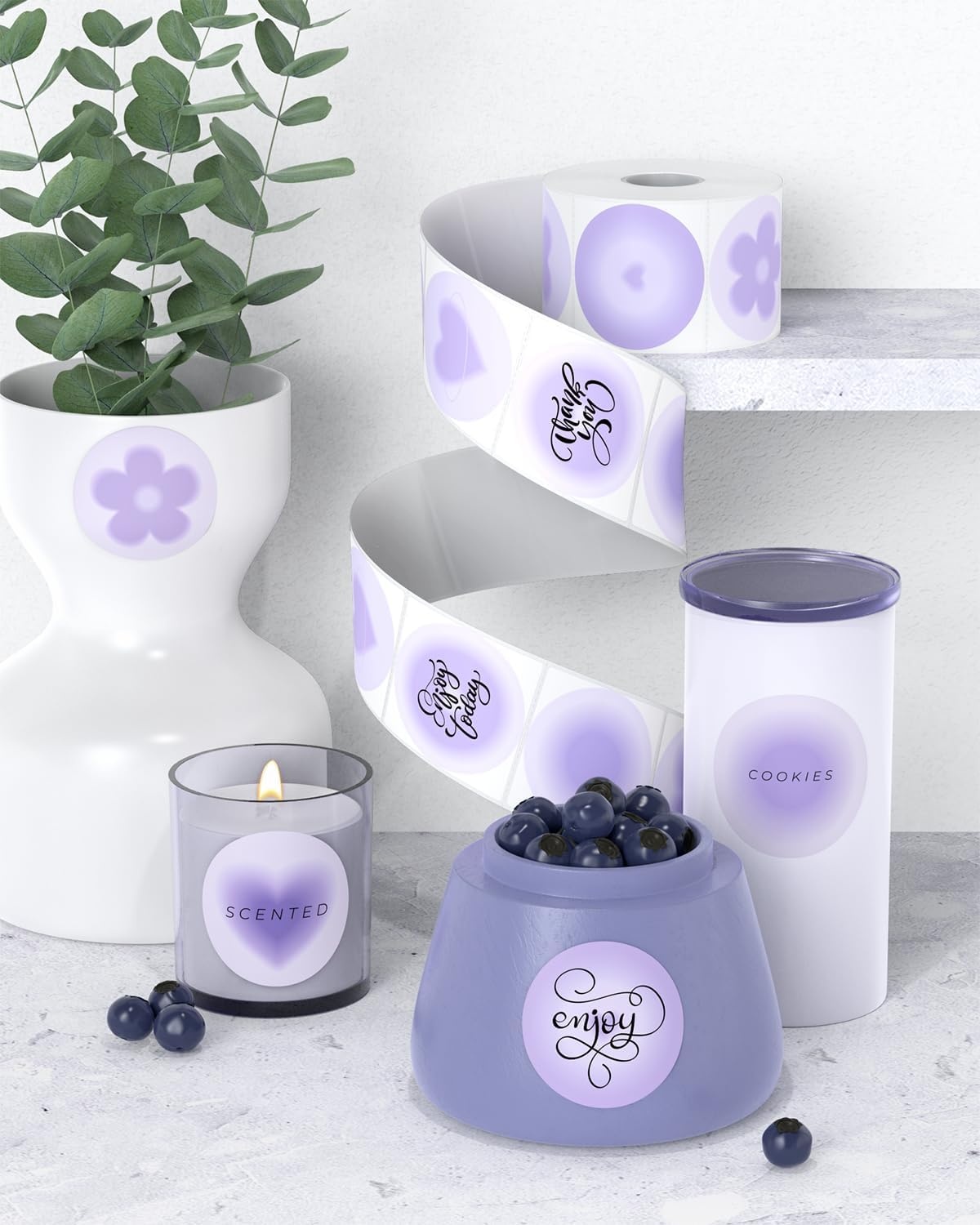 image:imageMUNBYN 2 Inch Purple Circle Thermal Labels Round Stickers 6 Shapes in One Roll Thermal Label Stickers for Jar Baking 750 Sheets1 Roll