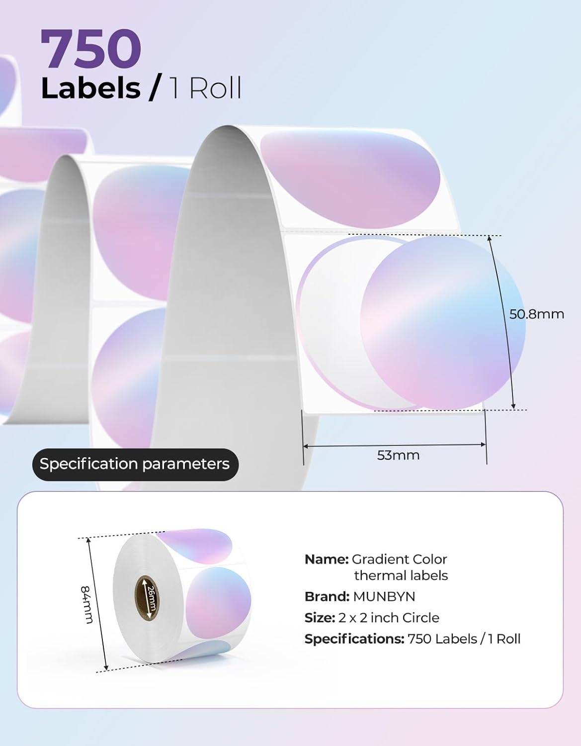image:imageMUNBYN 2 Inch Round Thermal Labels Direct Thermal Printer Labels for Small Businesses DIY Logo Design 750 Sheets1 RollGradient Purple