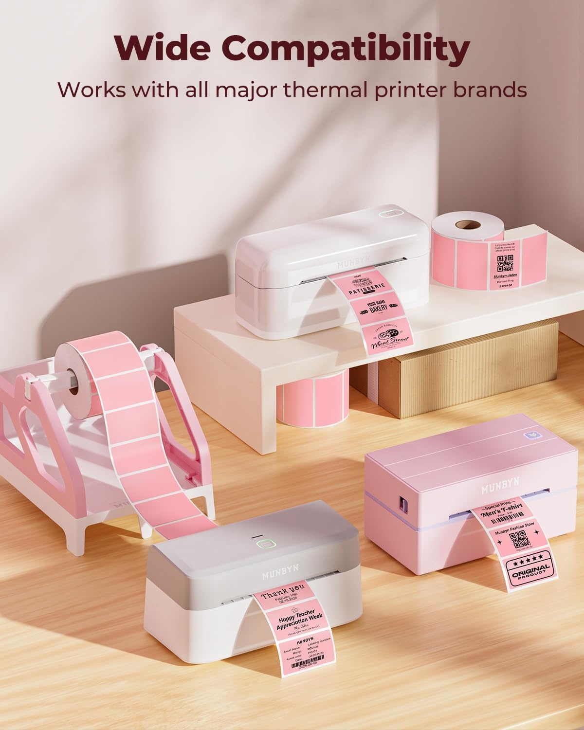 image:imageMUNBYN 225x125 Thermal Sticker Labels Blue SelfAdhesive Barcode Label Paper for Direct Thermal Printer and Business MultiPurpose Rectangle Address Shipping Mailing Stickers1000 SheetsRollPink