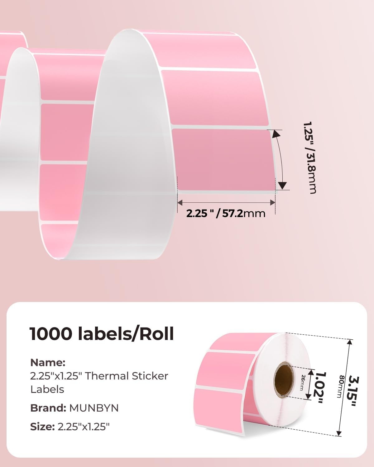image:imageMUNBYN 225x125 Thermal Sticker Labels Blue SelfAdhesive Barcode Label Paper for Direct Thermal Printer and Business MultiPurpose Rectangle Address Shipping Mailing Stickers1000 SheetsRollPink