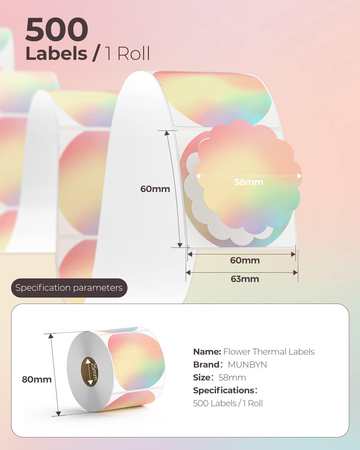 image:imageMUNBYN 2x2 Thermal Sticker Labels Rainbow Color Square Thermal Labels for Small Business Logo Design Baking 500 Sheets1 RollRainbow