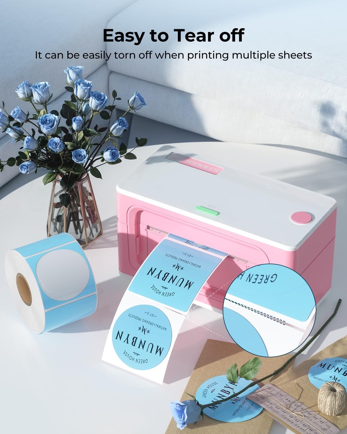 image:imageMUNBYN 3 Inch Pink Circle Thermal Sticker Labels MultiPurpose SelfAdhesive Round Direct Thermal Labels for Business 500 Sheets1 RollBlue