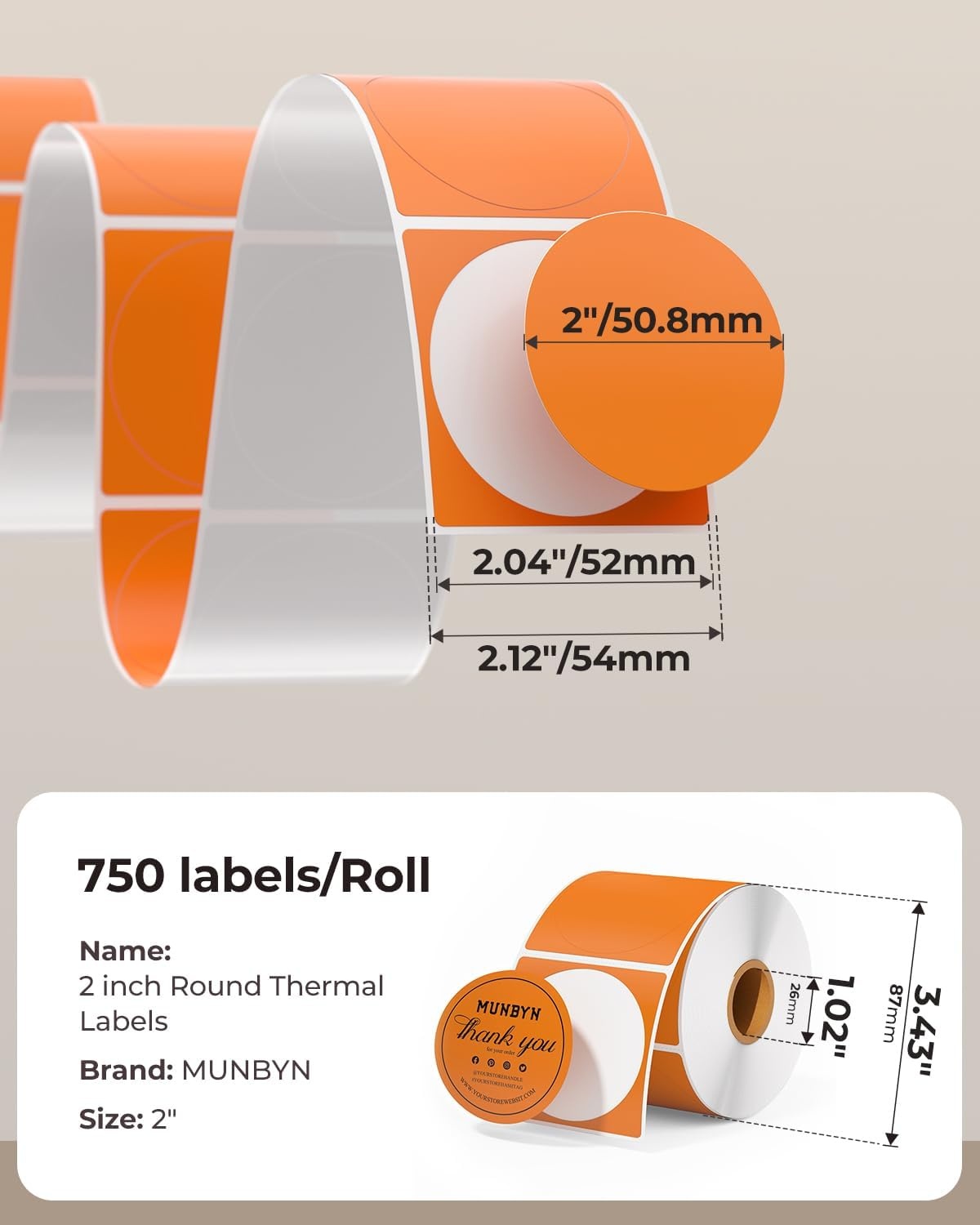 image:imageMUNBYN 3 Inch Pink Circle Thermal Sticker Labels MultiPurpose SelfAdhesive Round Direct Thermal Labels for Business 500 Sheets1 RollOrange