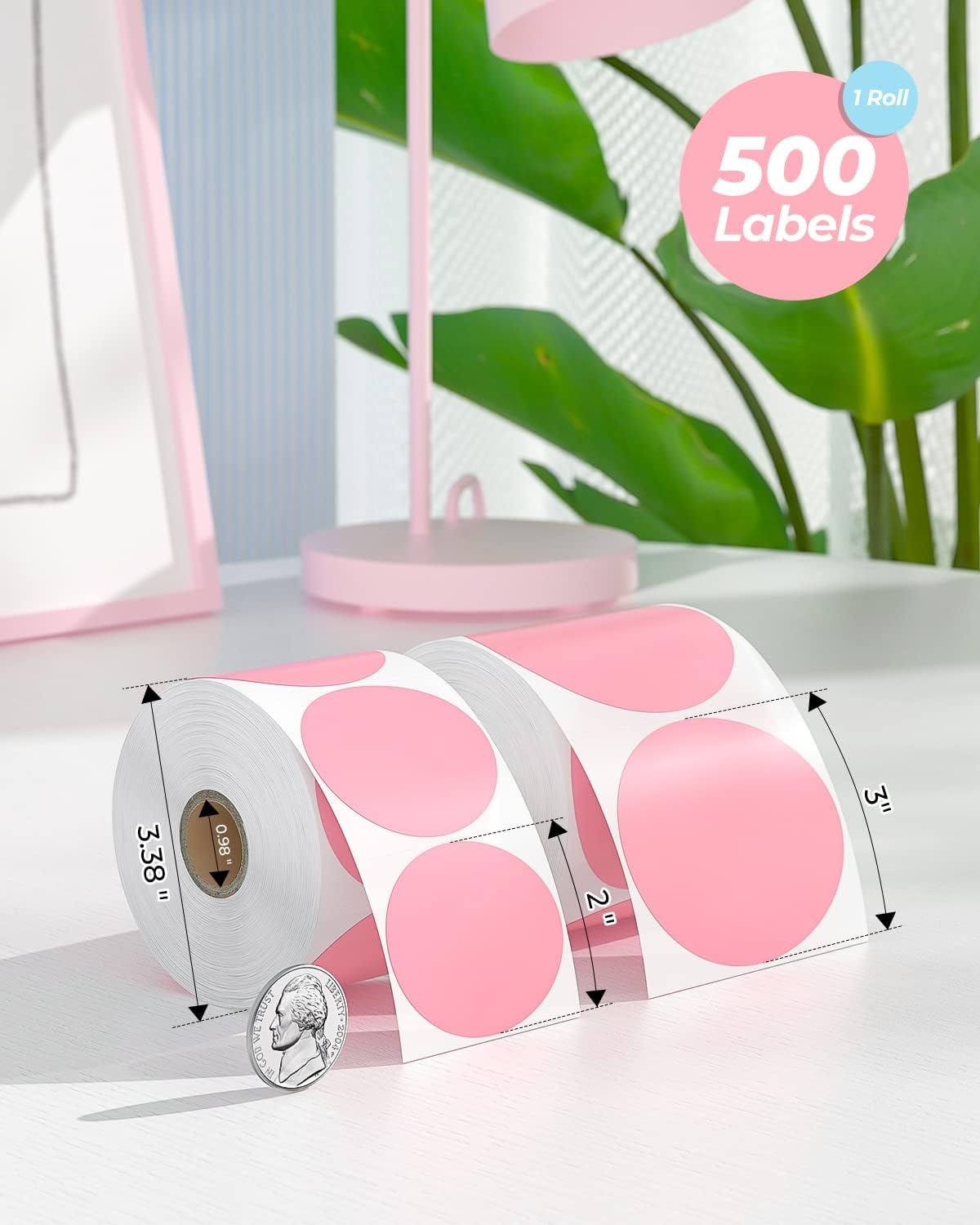 image:imageMUNBYN 3 Inch Pink Circle Thermal Sticker Labels MultiPurpose SelfAdhesive Round Direct Thermal Labels for Business 500 Sheets1 RollPink
