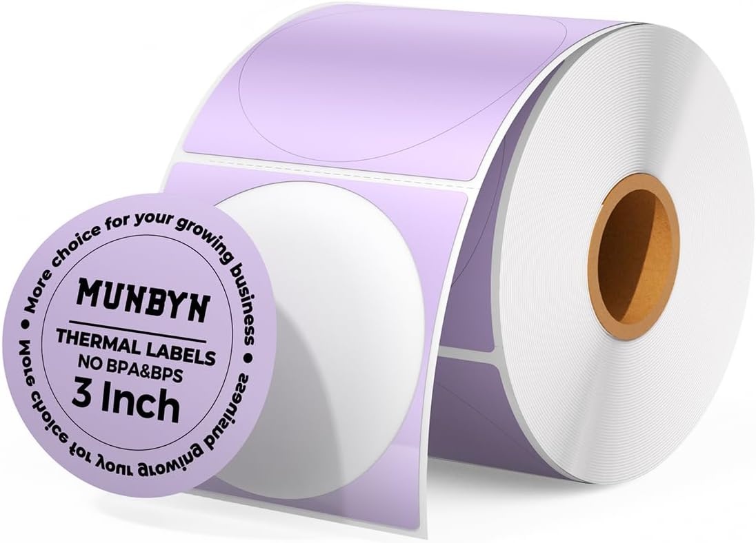image:imageMUNBYN 3 Inch Pink Circle Thermal Sticker Labels MultiPurpose SelfAdhesive Round Direct Thermal Labels for Business 500 Sheets1 RollPurple