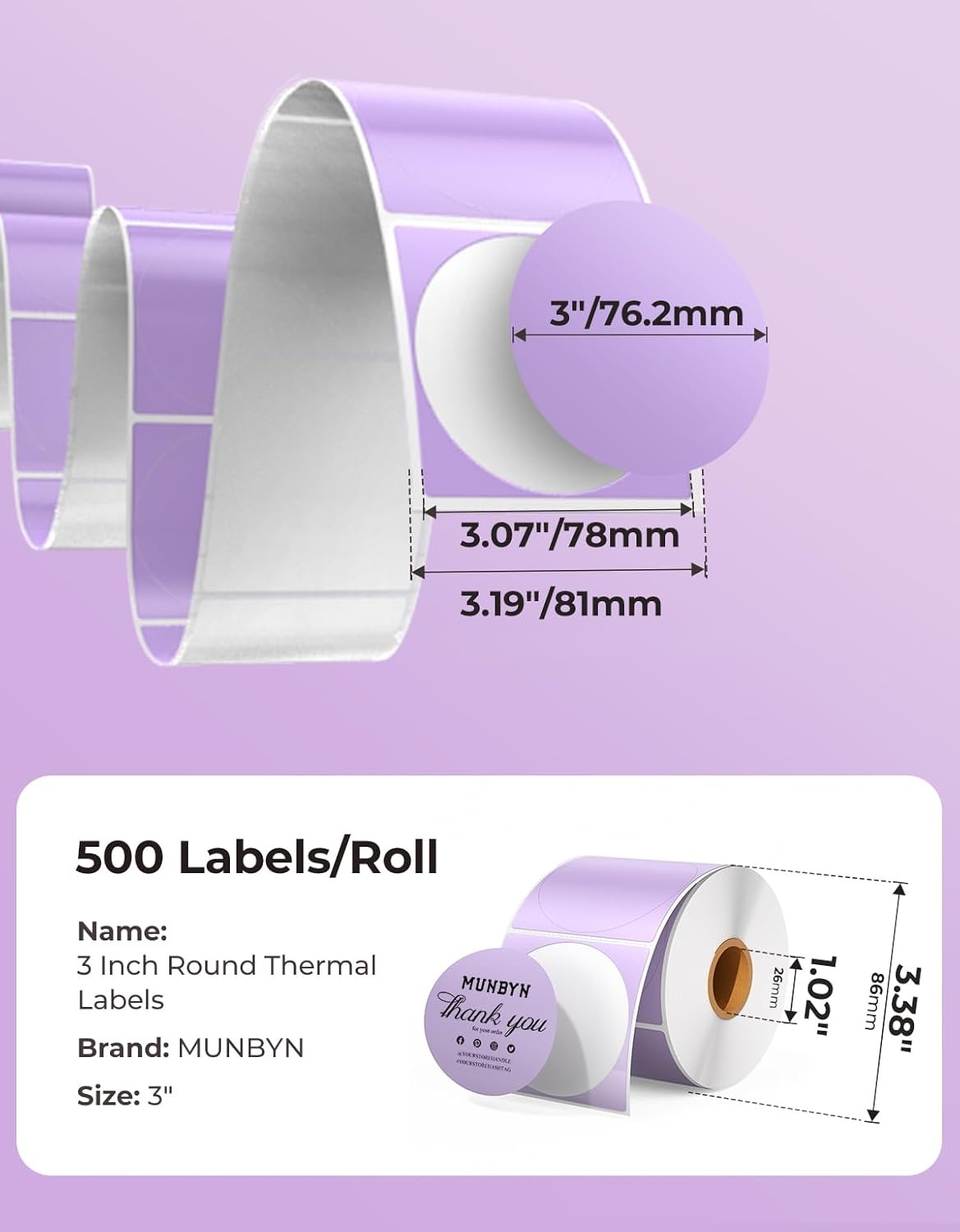 image:imageMUNBYN 3 Inch Pink Circle Thermal Sticker Labels MultiPurpose SelfAdhesive Round Direct Thermal Labels for Business 500 Sheets1 RollPurple