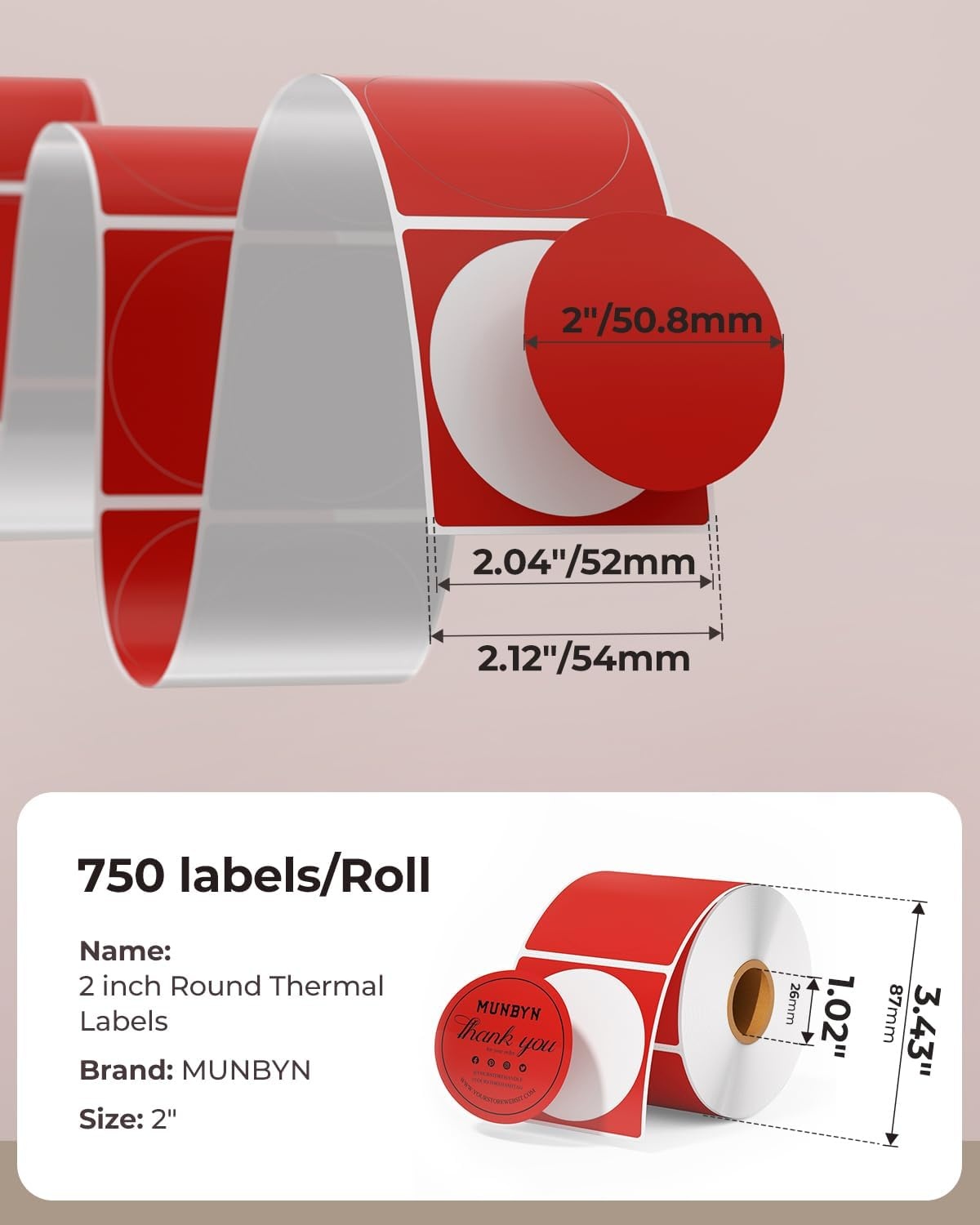 image:imageMUNBYN 3 Inch Pink Circle Thermal Sticker Labels MultiPurpose SelfAdhesive Round Direct Thermal Labels for Business 500 Sheets1 RollRed