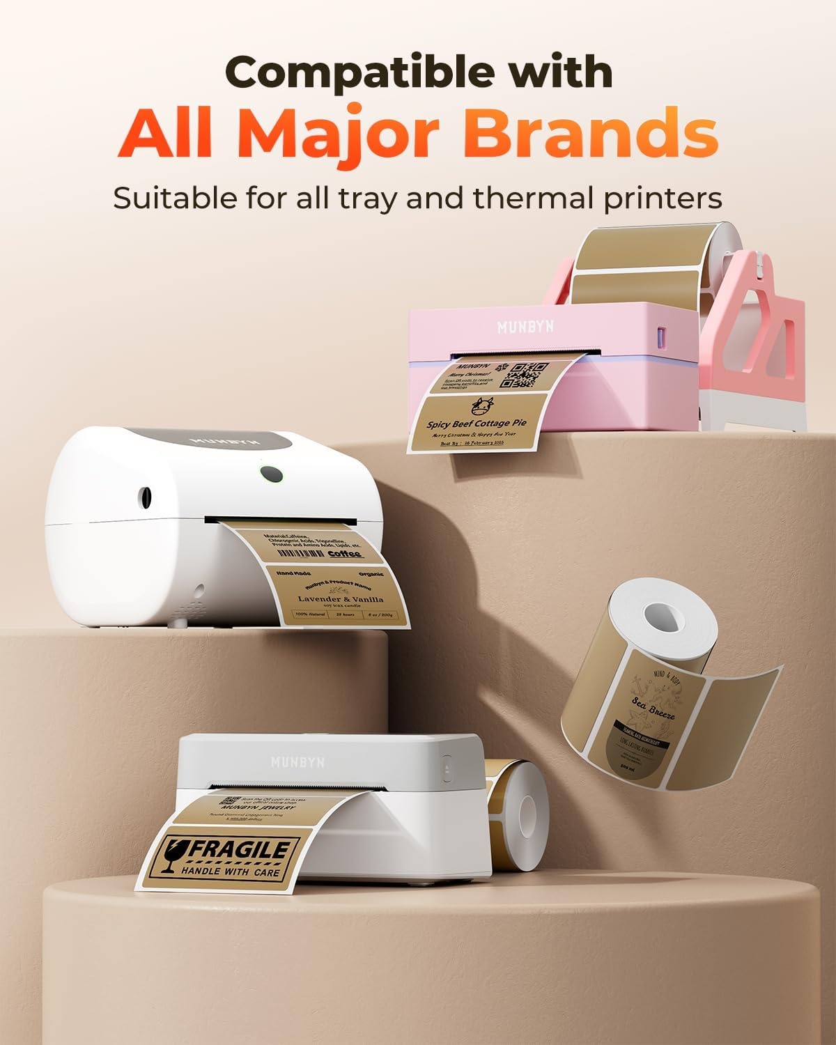 image:imageMUNBYN 3x2 Inch White Thermal Labels Thermal Sticker Labels for Price Barcode Mailing Name 500 Sheets1 RollBrown