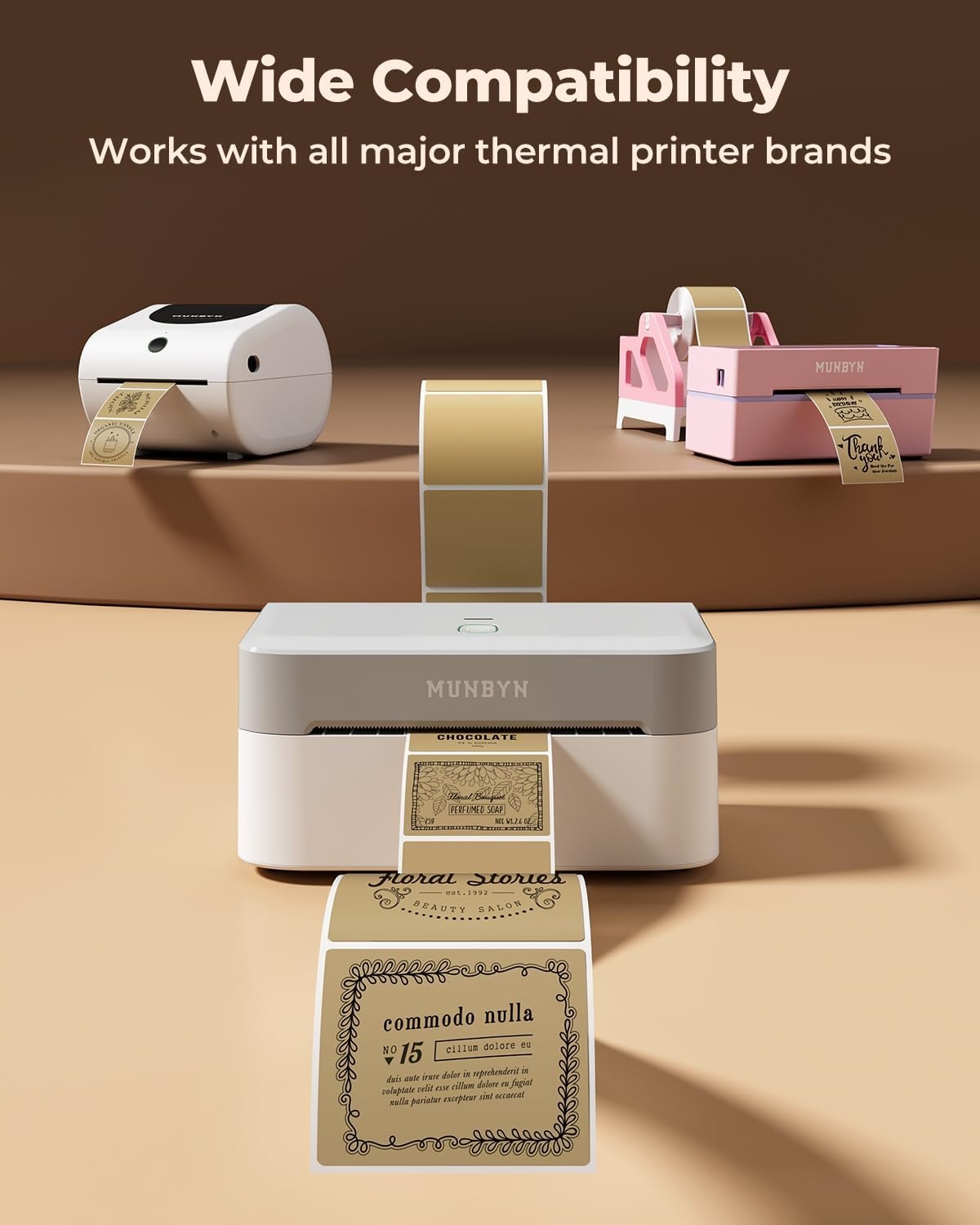 image:imageMUNBYN 3x2 Inch White Thermal Labels Thermal Sticker Labels for Price Barcode Mailing Name 500 Sheets1 RollBrown