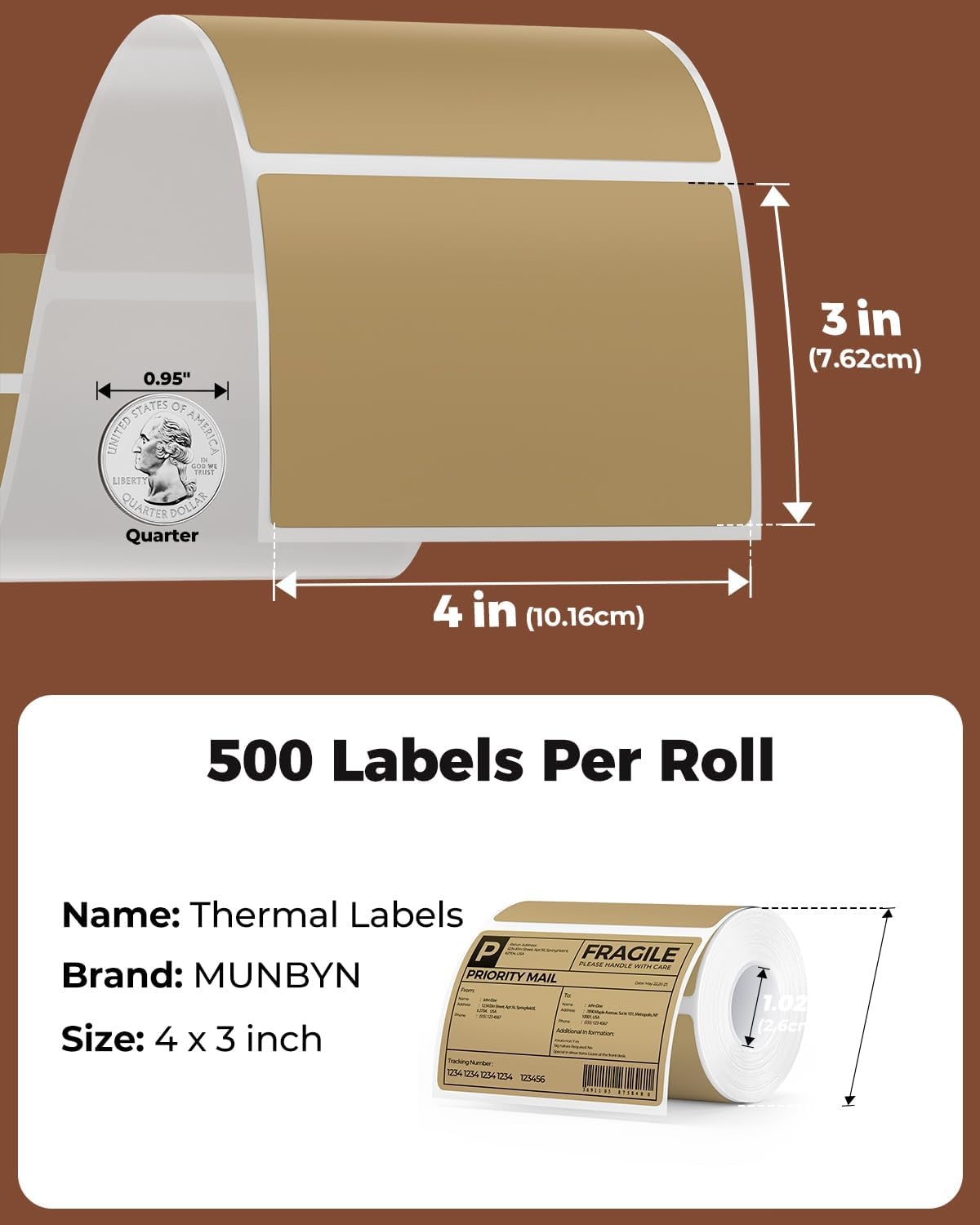 image:imageMUNBYN 3x2 Inch White Thermal Labels Thermal Sticker Labels for Price Barcode Mailing Name 500 Sheets1 RollBrown