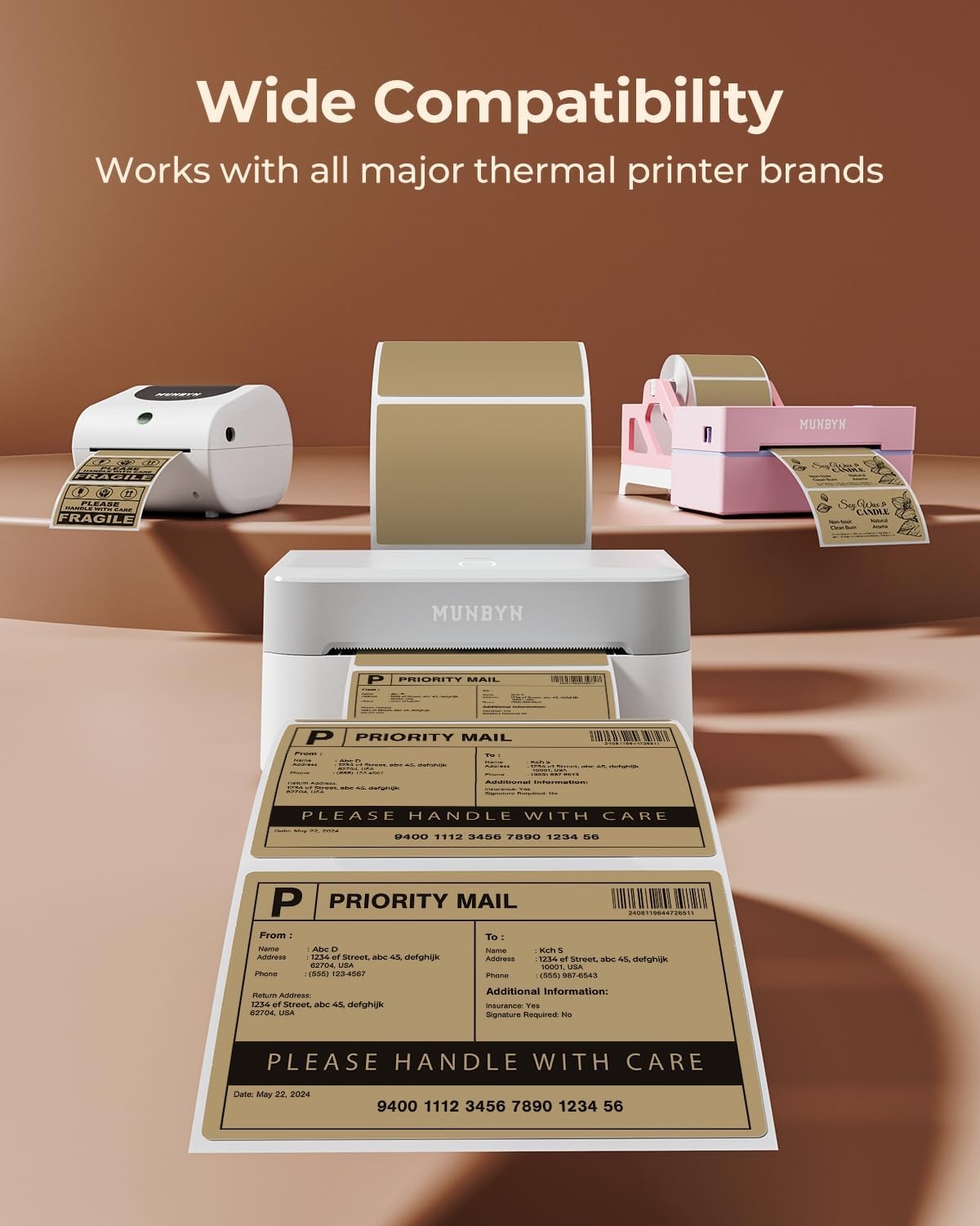 image:imageMUNBYN 3x2 Inch White Thermal Labels Thermal Sticker Labels for Price Barcode Mailing Name 500 Sheets1 RollBrown