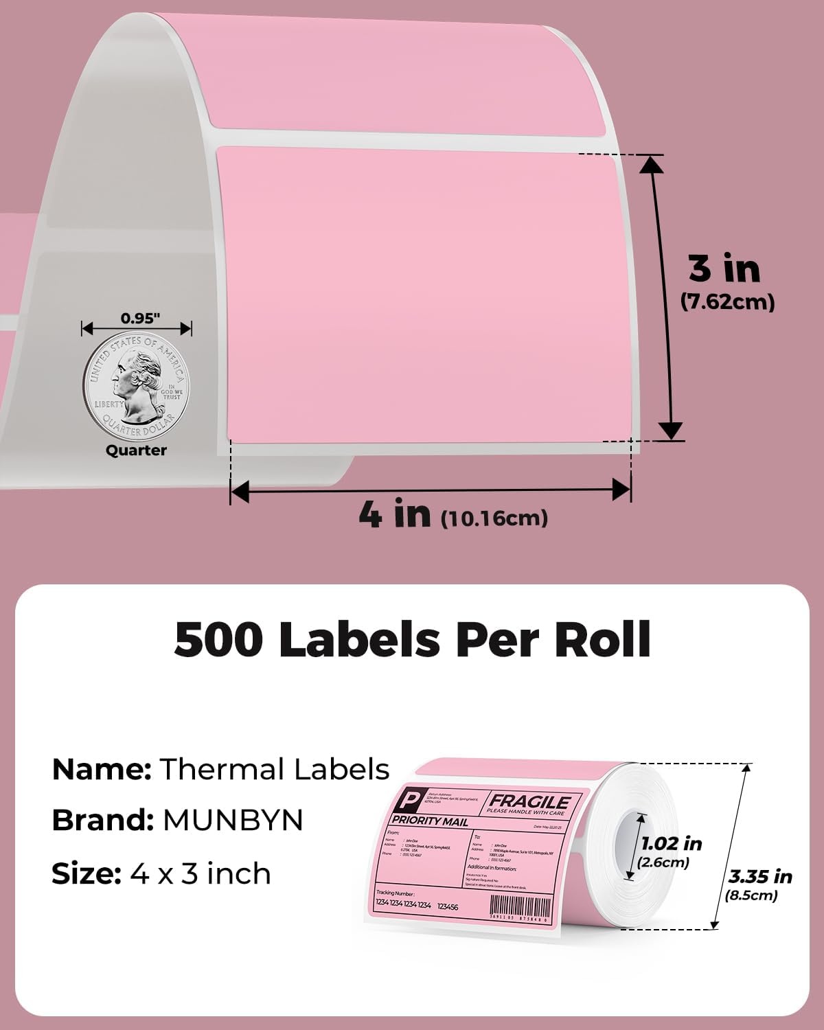 image:imageMUNBYN 3x2 Inch White Thermal Labels Thermal Sticker Labels for Price Barcode Mailing Name 500 Sheets1 RollPink