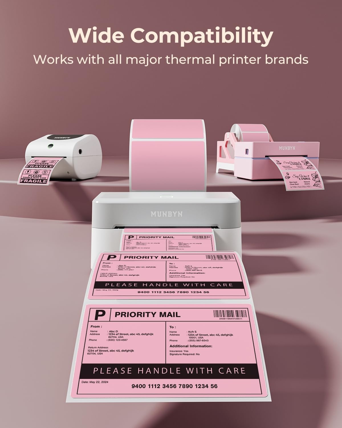 image:imageMUNBYN 3x2 Inch White Thermal Labels Thermal Sticker Labels for Price Barcode Mailing Name 500 Sheets1 RollPink