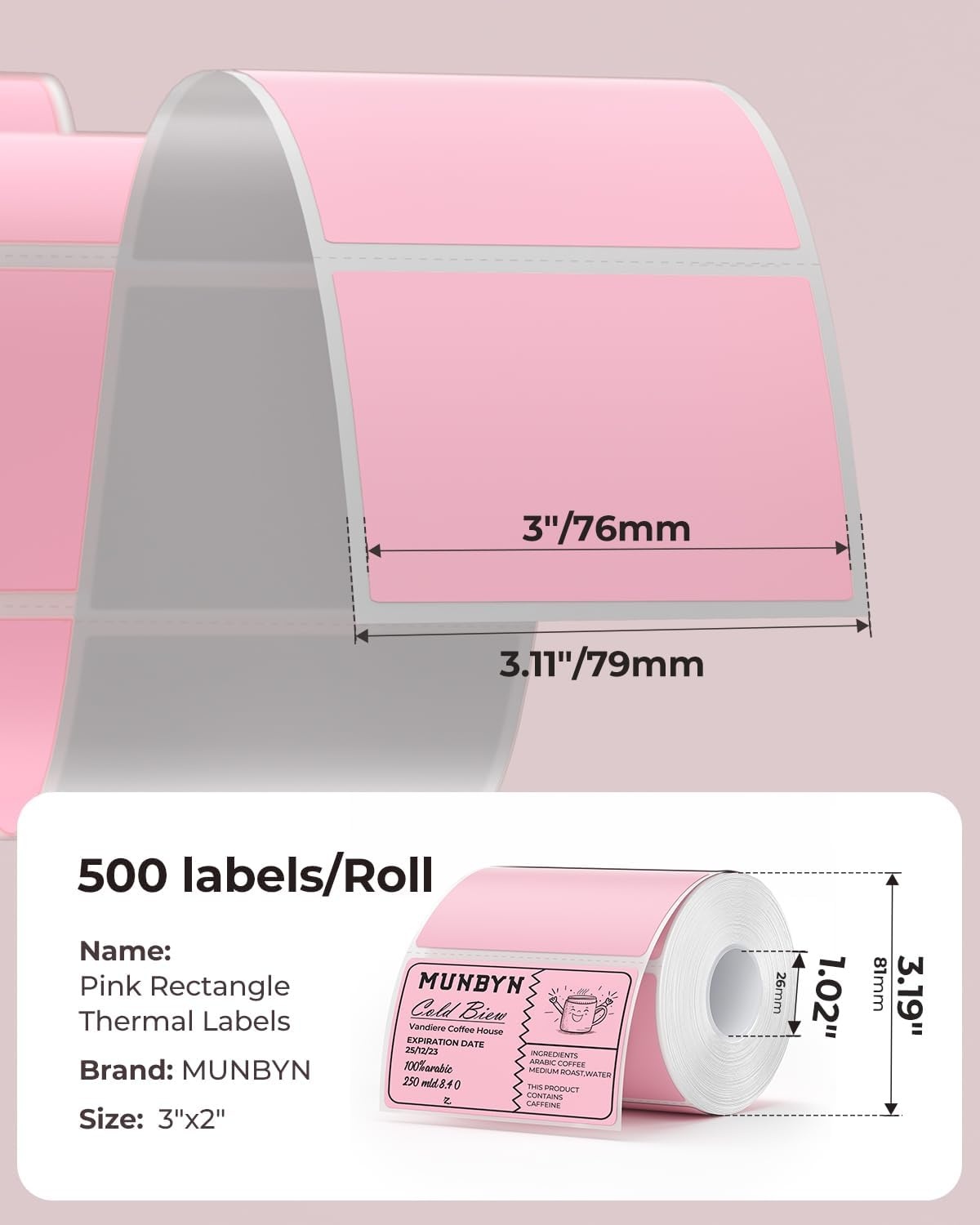 image:imageMUNBYN 3x2 Inch White Thermal Labels Thermal Sticker Labels for Price Barcode Mailing Name 500 Sheets1 RollPink