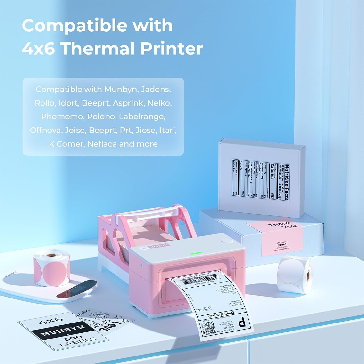 image:imageMUNBYN 4x6 Pink Direct Thermal Shipping Labels Commercial Grade Permanent Adhesive Fanfold Mailing Postage Label Paper for Thermal Printers and Packages 500 Sheets per StackBlue