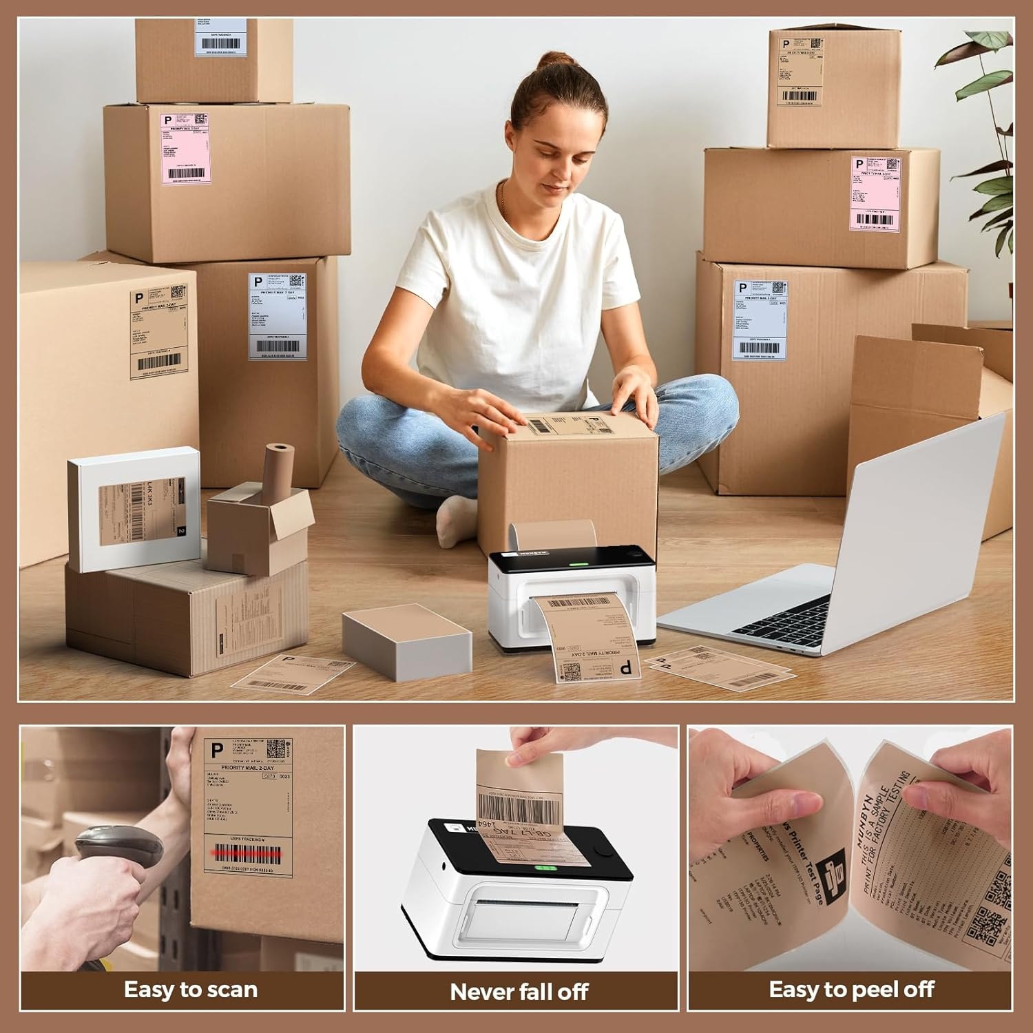 image:imageMUNBYN 4x6 Pink Direct Thermal Shipping Labels Commercial Grade Permanent Adhesive Fanfold Mailing Postage Label Paper for Thermal Printers and Packages 500 Sheets per StackBrown