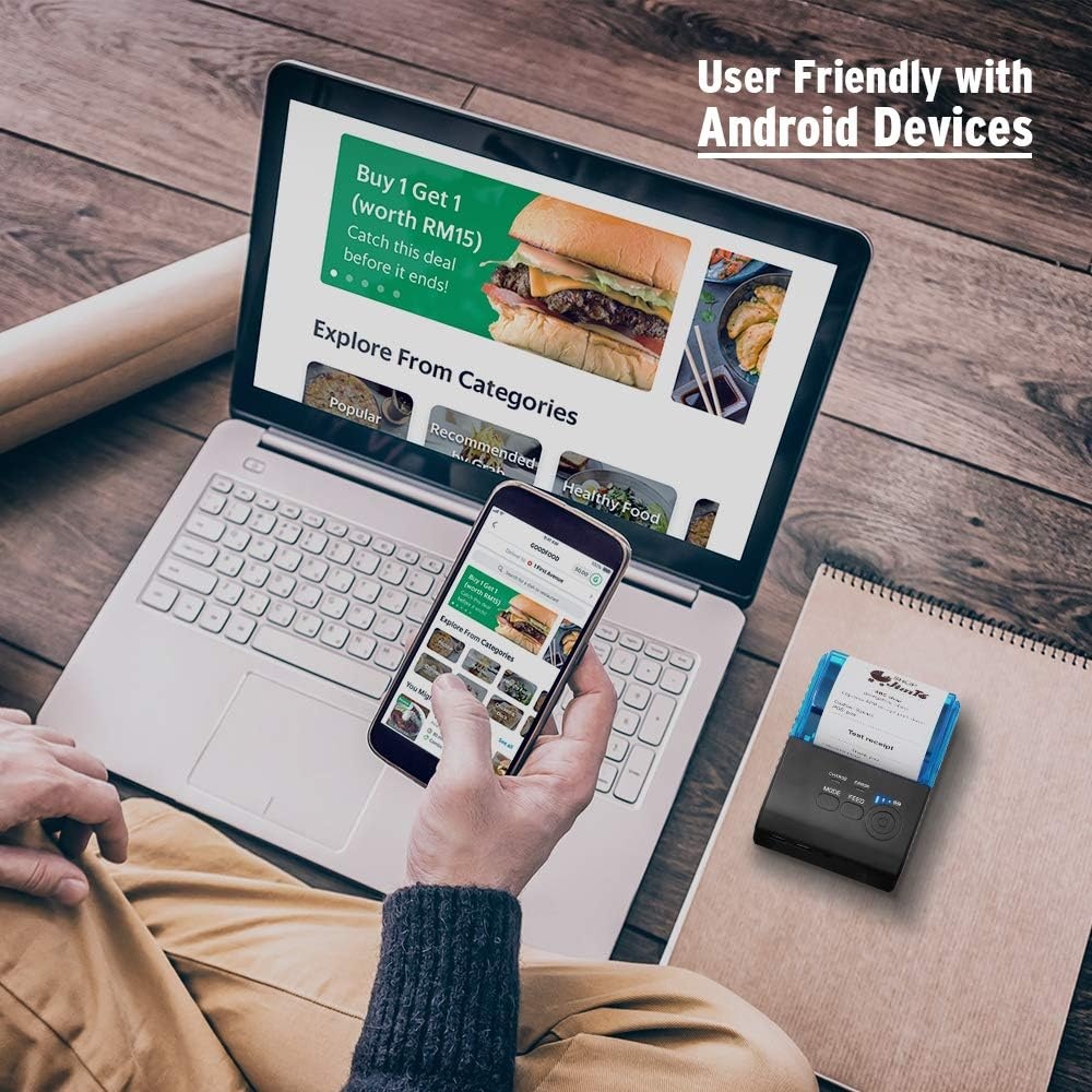 image:imageMUNBYN 58mm Bluetooth Receipt Printer and 2 14 x 50 Thermal Paper 50 Rolls BPA Free Receipt Paper