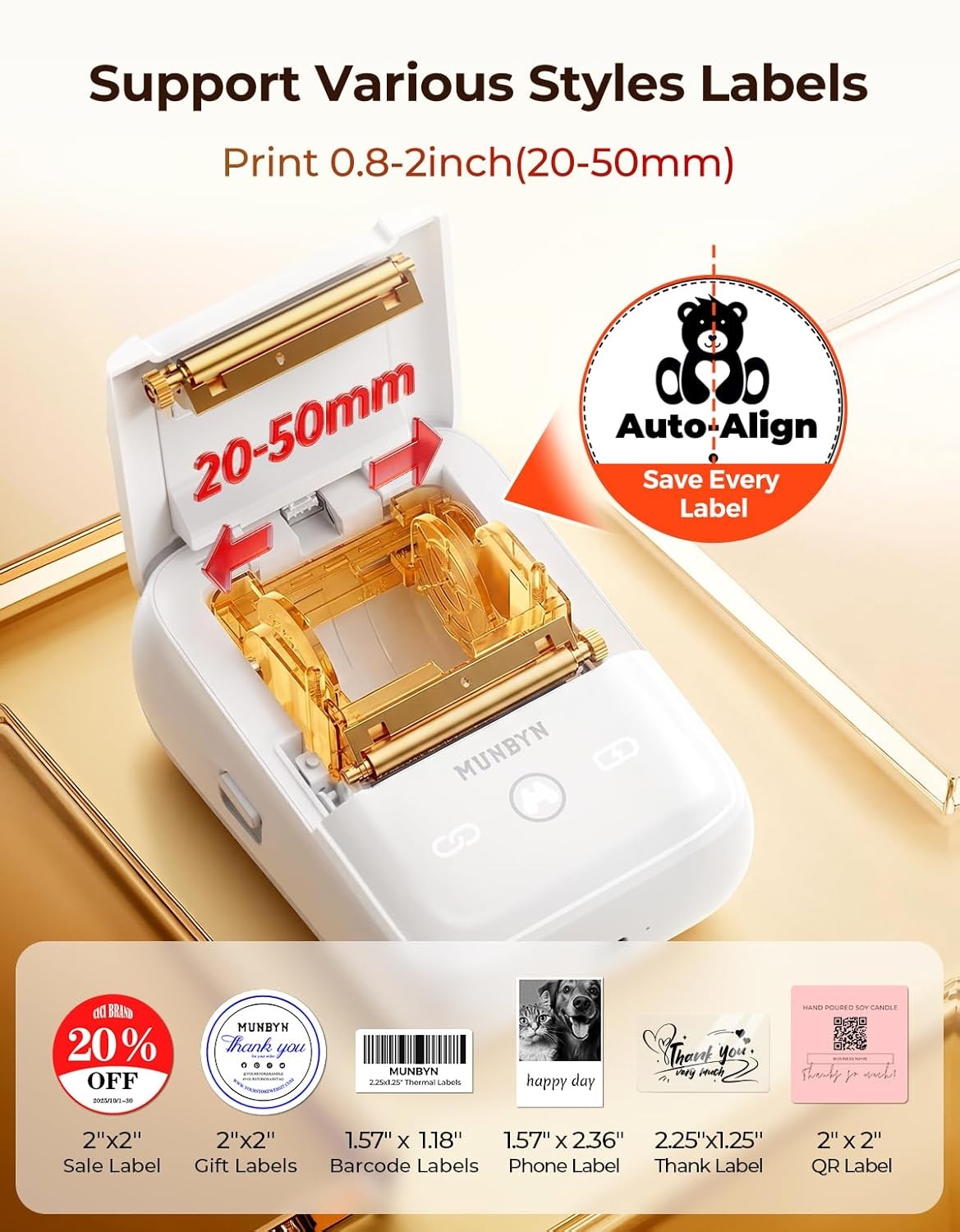 image:imageMUNBYN 6in1 Label Printer amp Sticker Printer Bluetooth Thermal Printer for Phone amp PC 2Color Printing with AutoCenter Alignment Barcode Custom Labels Address amp Logo Labels 1 Roll IncludedWhite