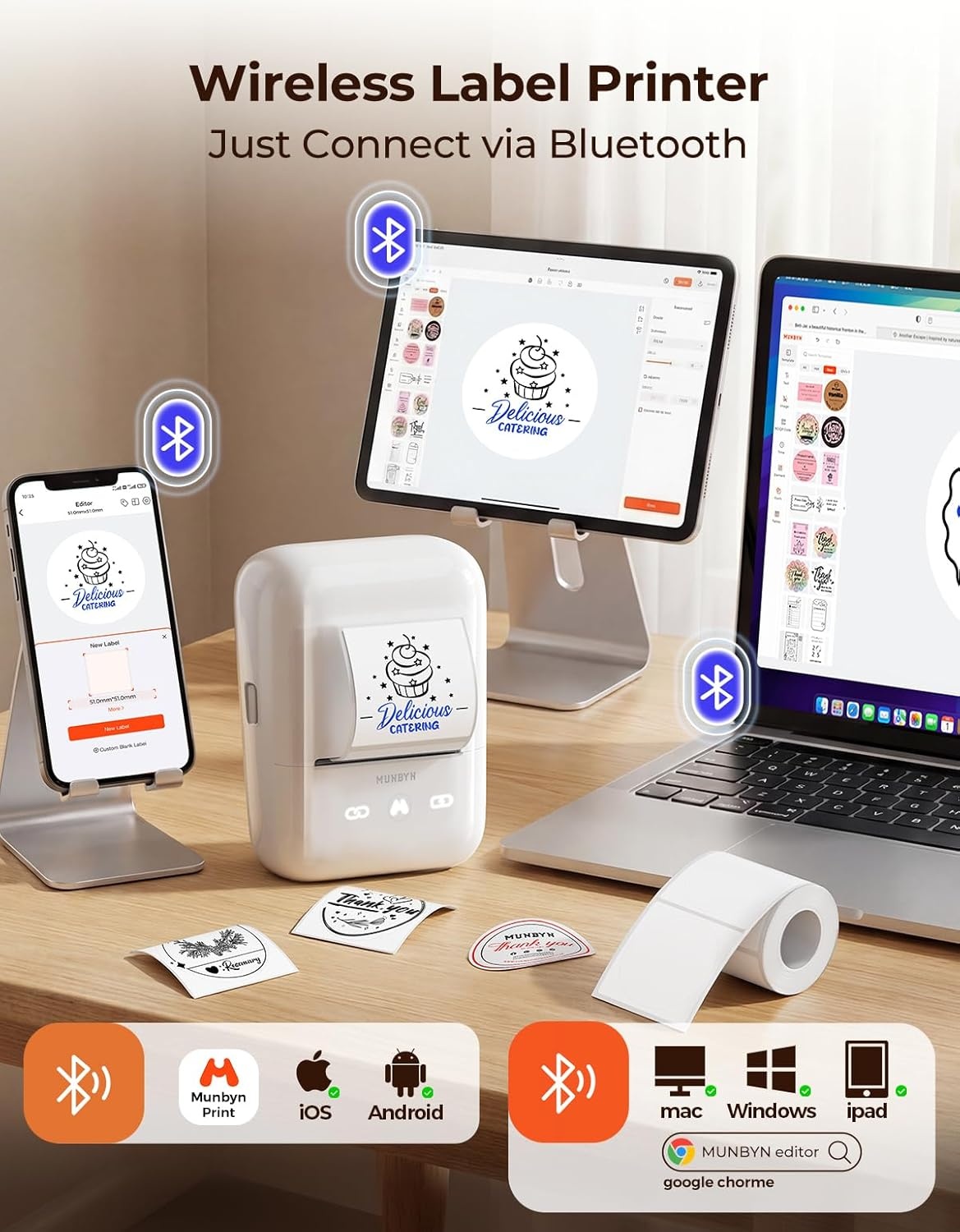 image:imageMUNBYN 6in1 Label Printer amp Sticker Printer Bluetooth Thermal Printer for Phone amp PC 2Color Printing with AutoCenter Alignment Barcode Custom Labels Address amp Logo Labels 1 Roll IncludedWhite