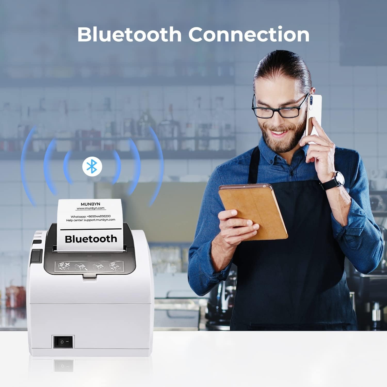 image:imageMUNBYN Bluetooth 50 Receipt Printer P047 80mm POS Printer and White Cash Drawer 16 Heavy Duty Cash Register for Point of Sale POS System