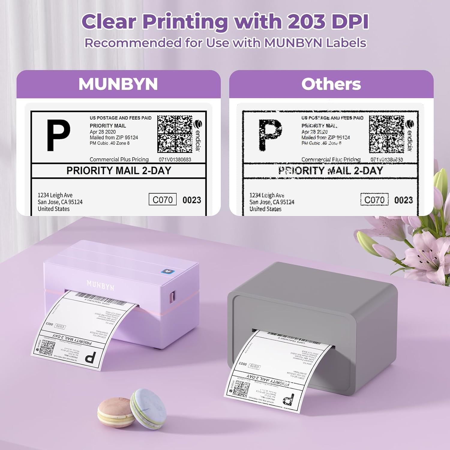 image:imageMUNBYN Bluetooth Thermal Label Printer 130B Wireless 4x6 Shipping Label Printer for Shipping Packages Small Business Office or Home Compatible with iPhone Android iPad Windows macOS ChromePurple