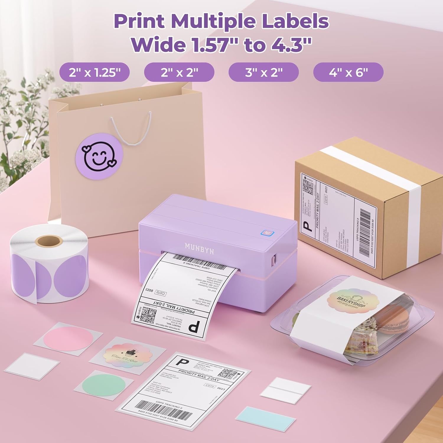 image:imageMUNBYN Bluetooth Thermal Label Printer 130B Wireless 4x6 Shipping Label Printer for Shipping Packages Small Business Office or Home Compatible with iPhone Android iPad Windows macOS ChromePurple
