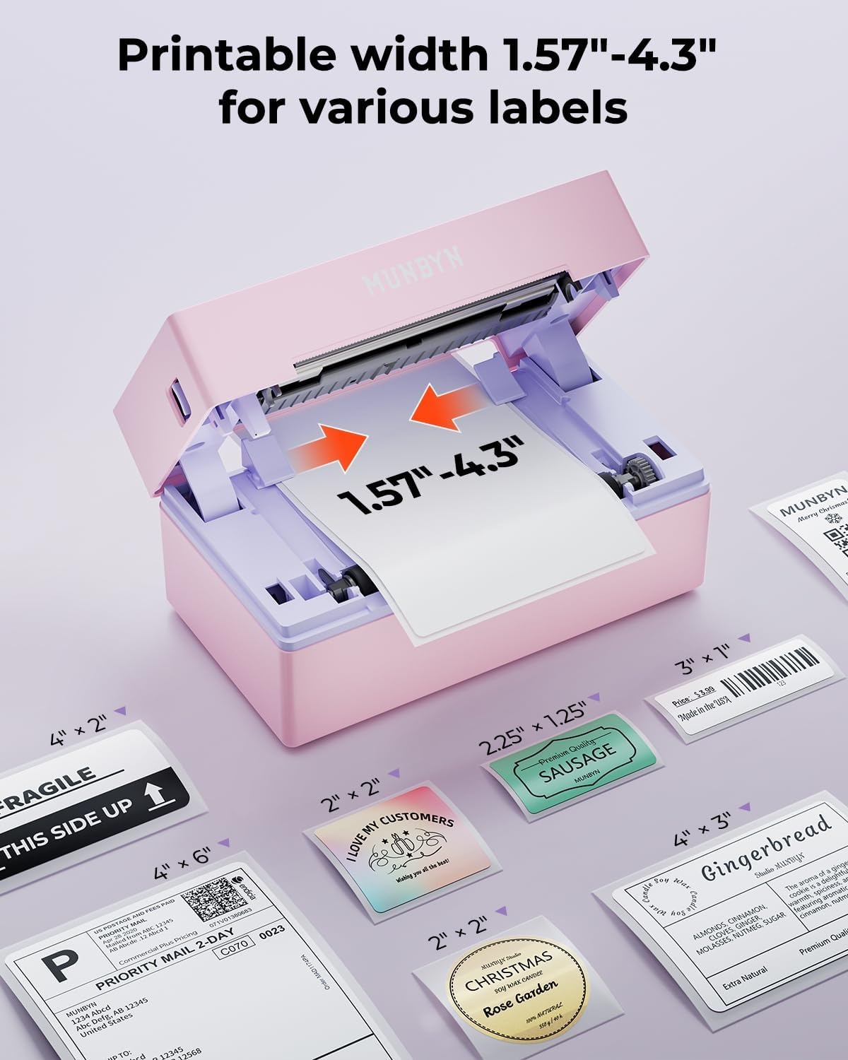 image:imageMUNBYN Bluetooth Thermal Label Printer 130B Wireless 4x6 Shipping Label Printer for Shipping Packages Small Business Office or Home Compatible with iPhone Android iPad Windows macOS ChromePink