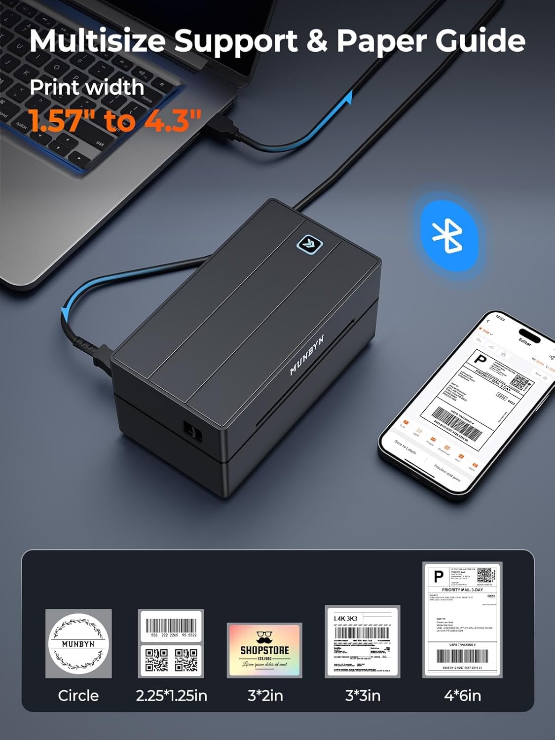 image:imageMUNBYN Bluetooth Thermal Label Printer 130B Wireless 4x6 Shipping Label Printer for Shipping Packages Small Business Office or Home Compatible with iPhone Android iPad Windows macOS ChromeBlack
