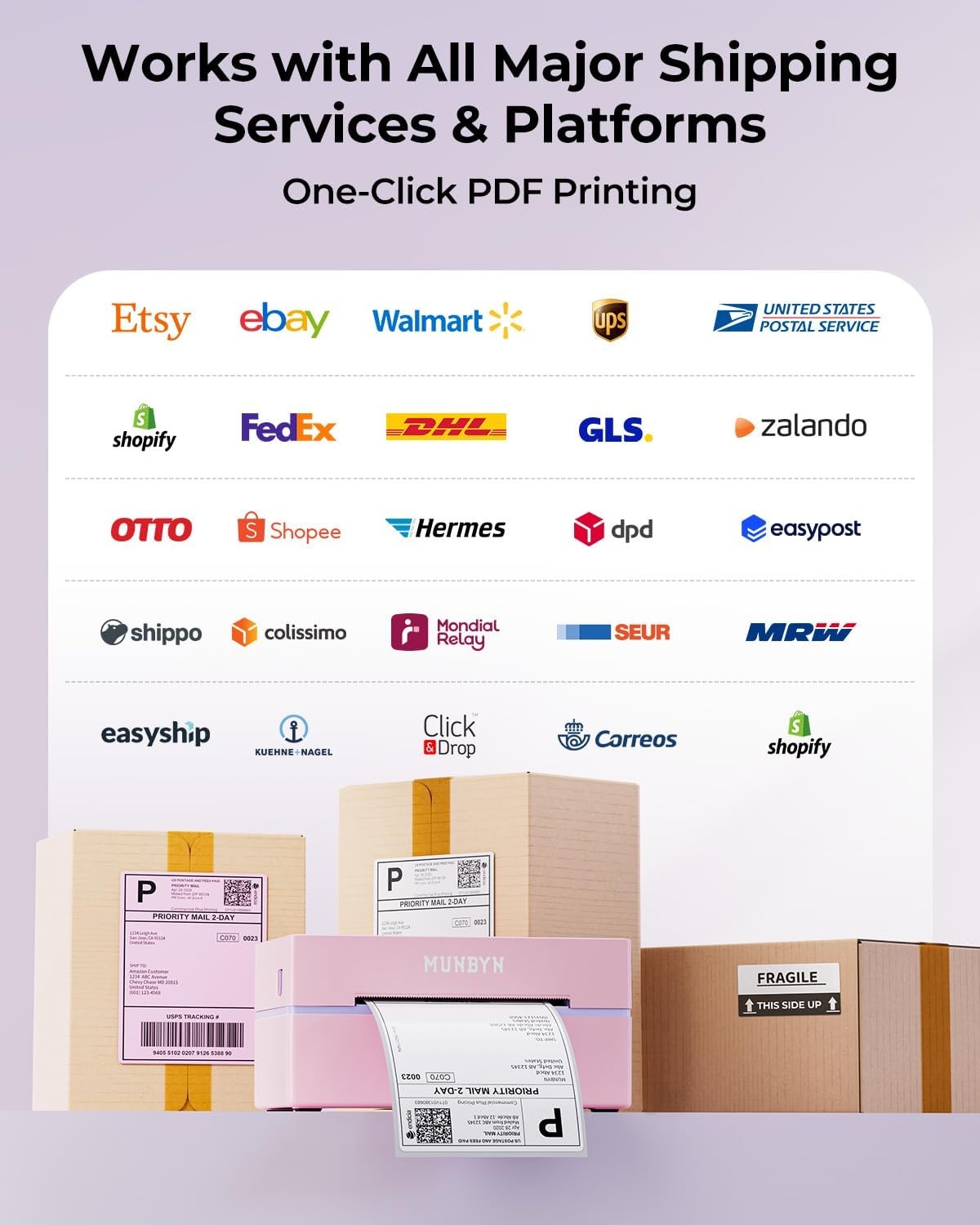 image:imageMUNBYN Bluetooth Thermal Label Printer 130B Wireless 4x6 Shipping Label Printer for Shipping Packages Small Business Office or Home Compatible with iPhone Android iPad Windows macOS ChromePink