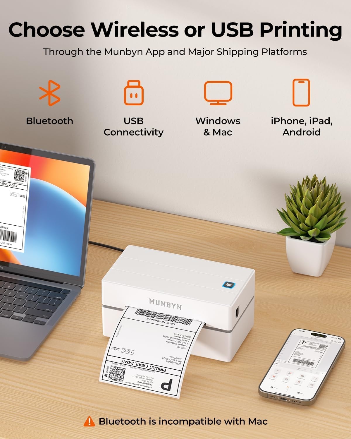 image:imageMUNBYN Bluetooth Thermal Label Printer 130B Wireless 4x6 Shipping Label Printer for Shipping Packages Small Business Office or Home Compatible with iPhone Android iPad Windows macOS ChromeWhite