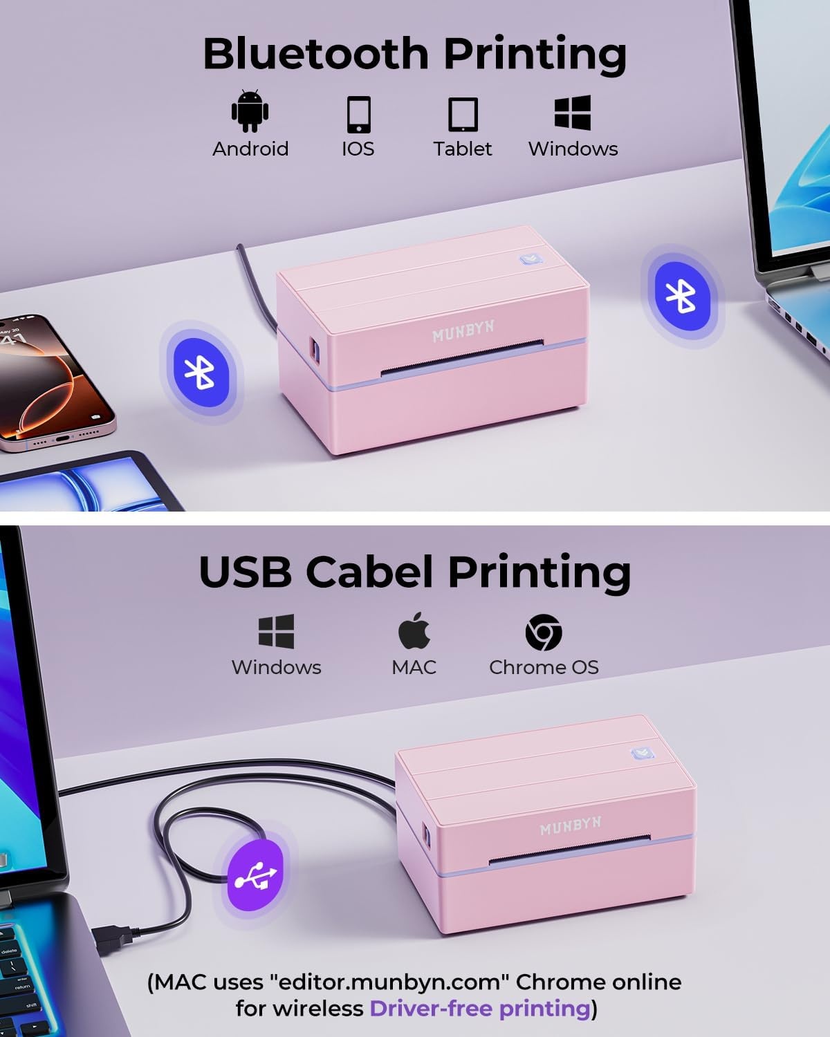 image:imageMUNBYN Bluetooth Thermal Label Printer 130B Wireless 4x6 Shipping Label Printer for Shipping Packages Small Business Office or Home Compatible with iPhone Android iPad Windows macOS ChromePink