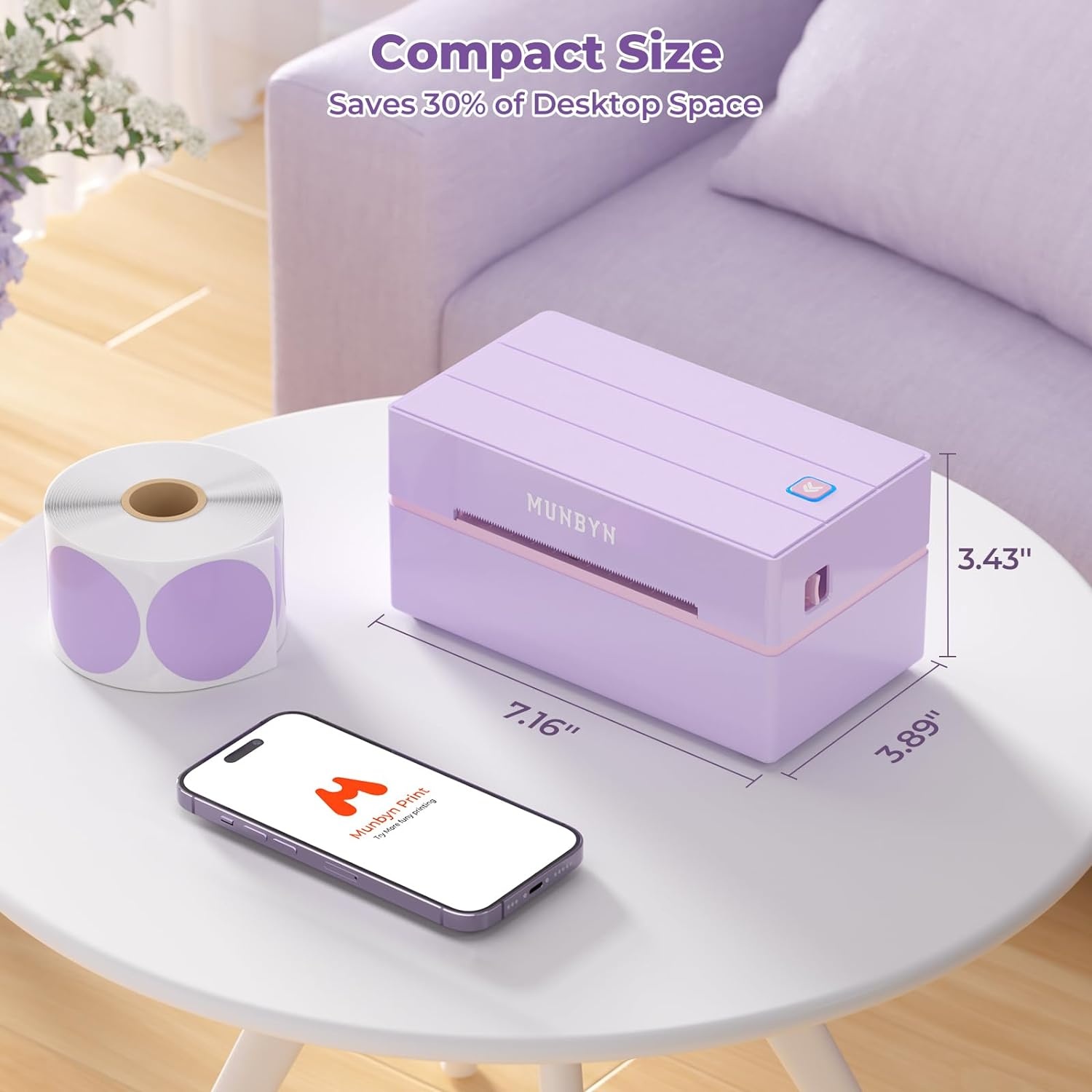 image:imageMUNBYN Bluetooth Thermal Label Printer 130B Wireless 4x6 Shipping Label Printer for Shipping Packages Small Business Office or Home Compatible with iPhone Android iPad Windows macOS ChromePurple