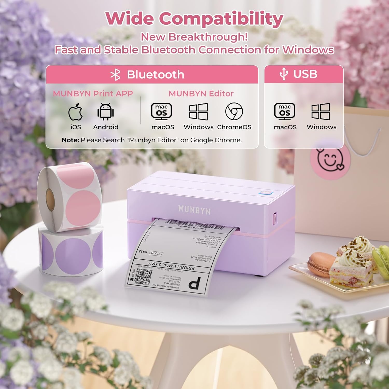 image:imageMUNBYN Bluetooth Thermal Label Printer 130B Wireless 4x6 Shipping Label Printer for Shipping Packages Small Business Office or Home Compatible with iPhone Android iPad Windows macOS ChromePurple