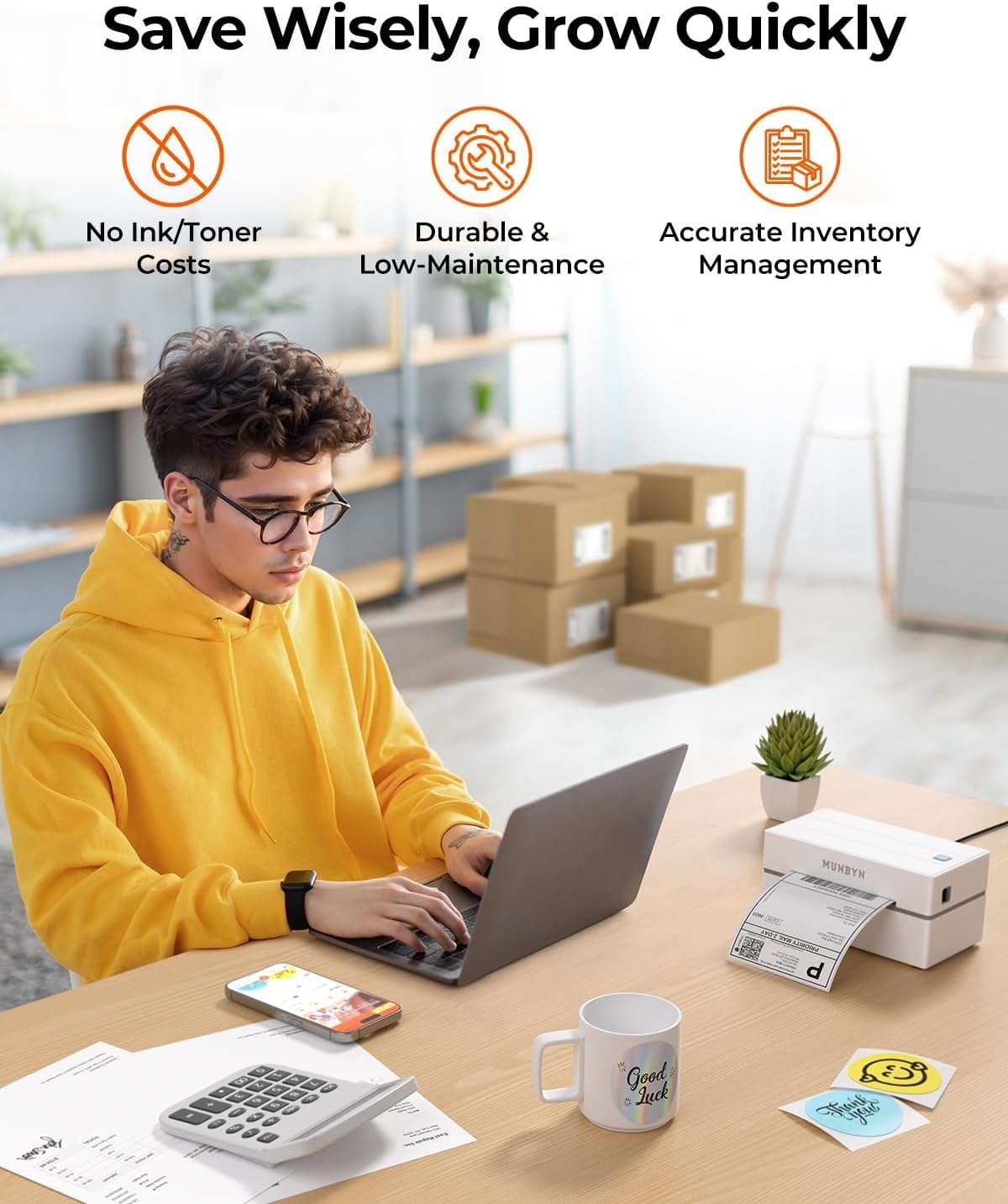 image:imageMUNBYN Bluetooth Thermal Label Printer 130B Wireless 4x6 Shipping Label Printer for Shipping Packages Small Business Office or Home Compatible with iPhone Android iPad Windows macOS ChromeWhite