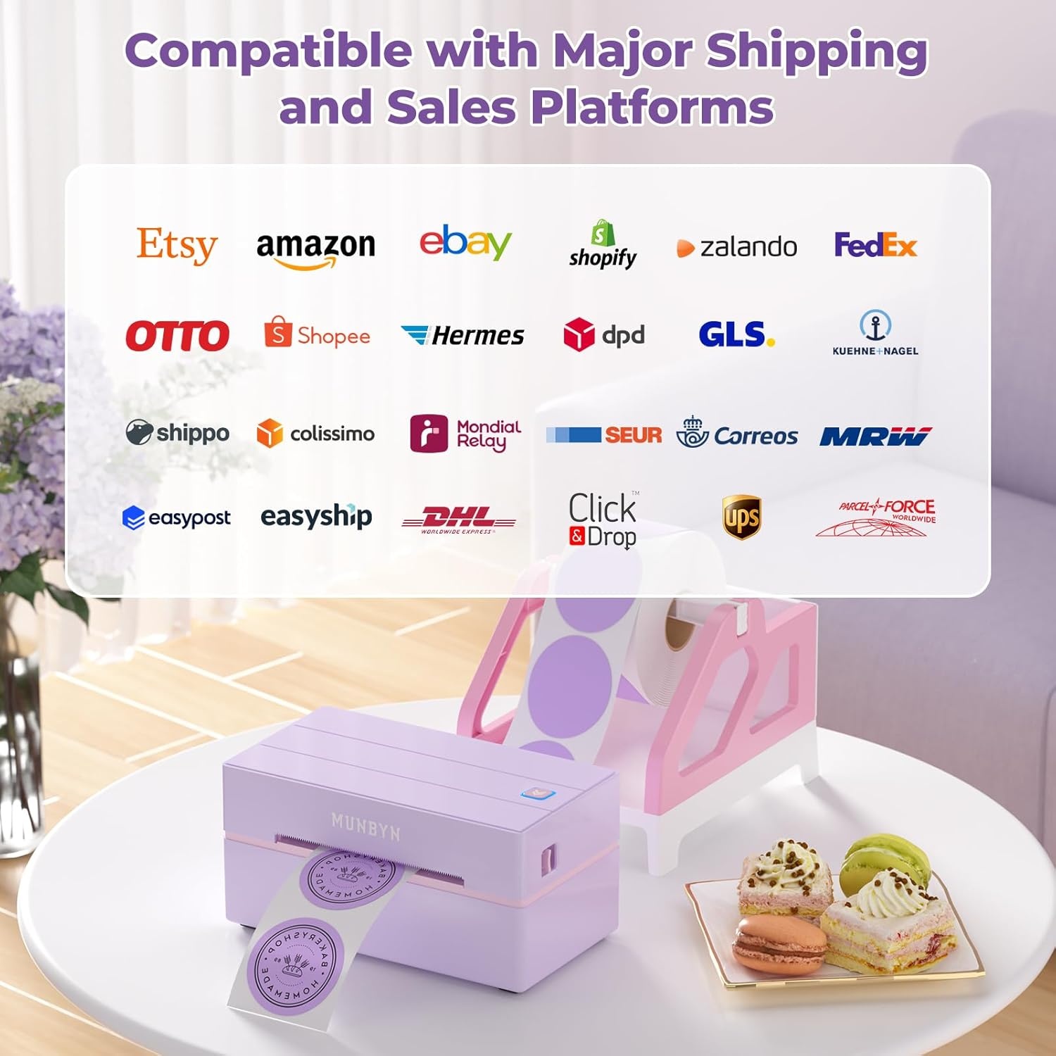 image:imageMUNBYN Bluetooth Thermal Label Printer 130B Wireless 4x6 Shipping Label Printer for Shipping Packages Small Business Office or Home Compatible with iPhone Android iPad Windows macOS ChromePurple